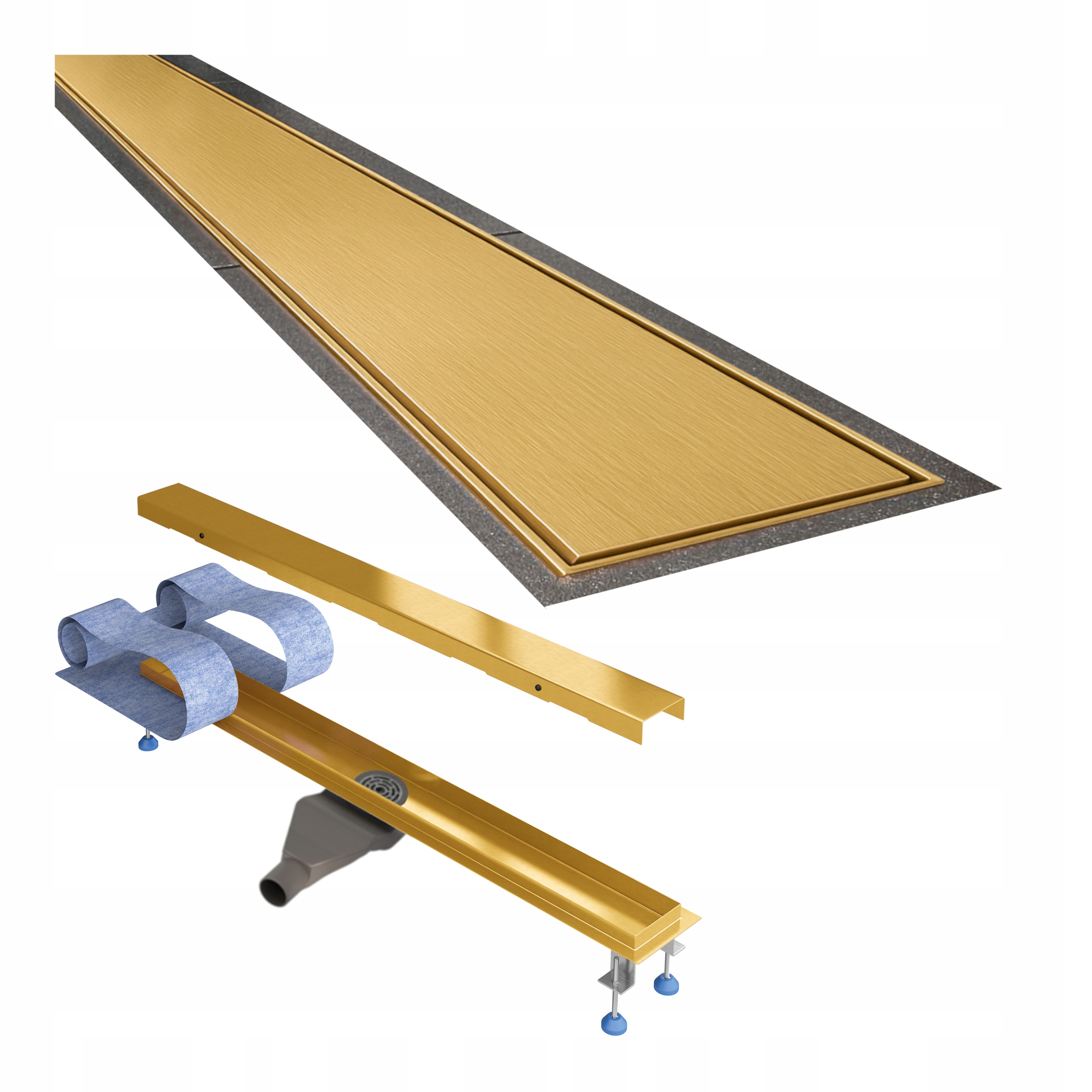 Lineárny odtok 60 cm, zlatý saténový sifón, nízky, kompletná sada Waterway