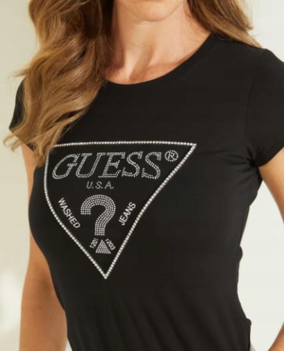 GUESS czarny bawełniany t-shirt logo cyrkonie L Rozmiar L