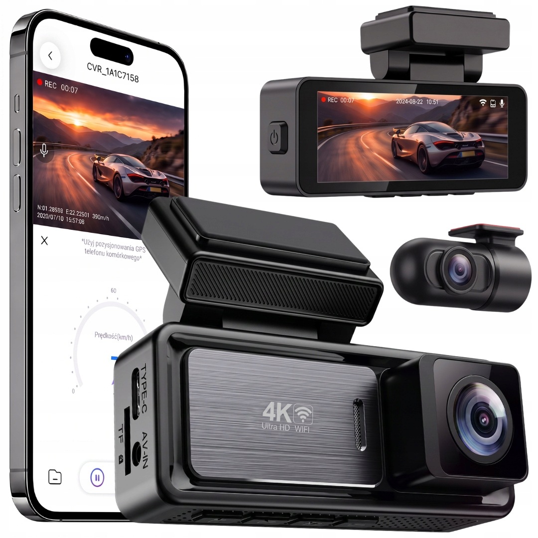 Wideorejestrator 4K Ultra Hd Kamera Samochodowa Gps Wifi Kamera Tylna