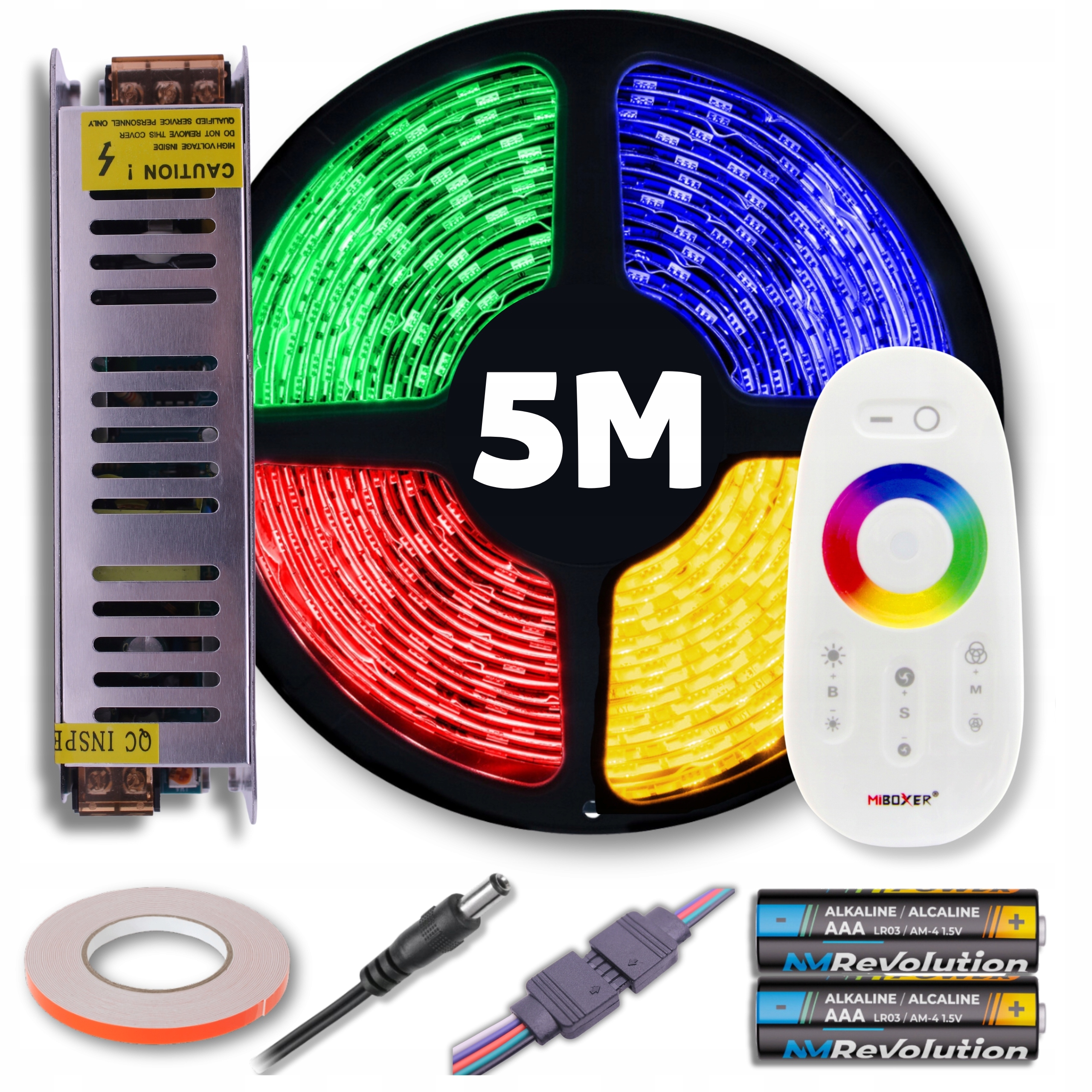 Set Led pásek Rgb barevný teplý bílý s dálkovým ovládáním a napájecím zdrojem 5M 12V