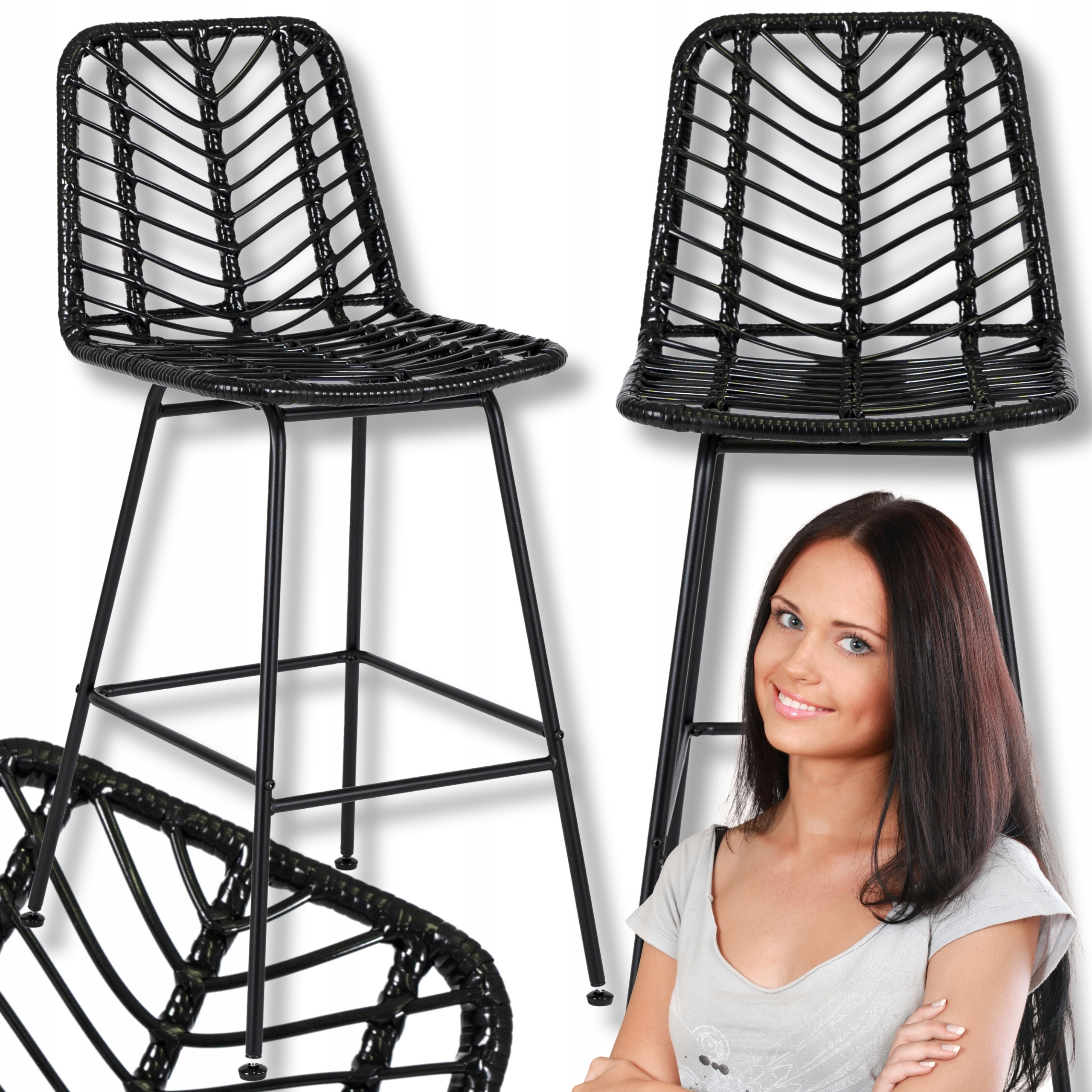 Barová Židle Kuchyňská barová židle do jídelny Zahradní terasa Rattan Černá Jerry