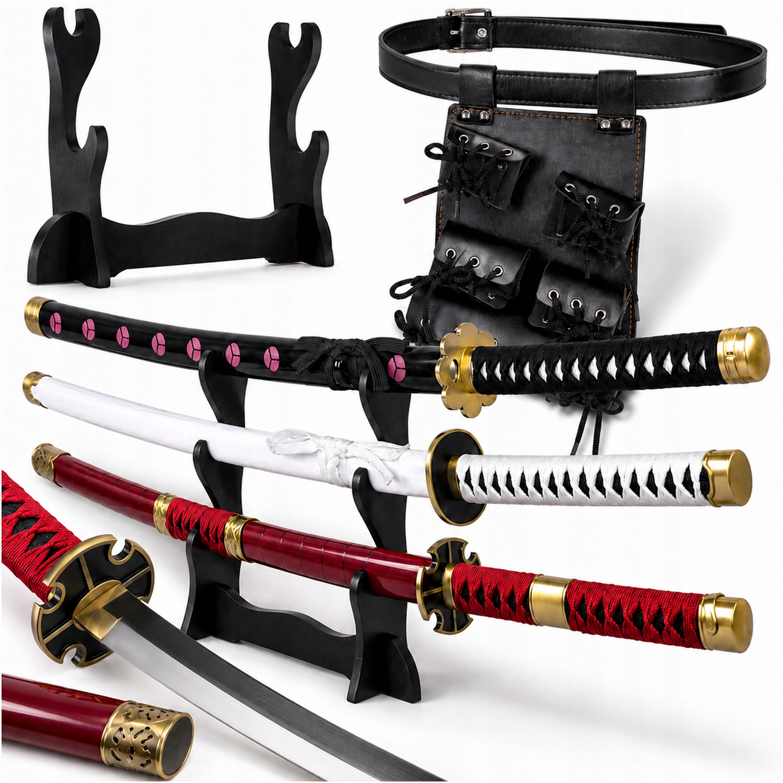 One Piece 3x Meč Katana Bambus 105 cm Cosplay Manga Stojan a Opasek JT10000