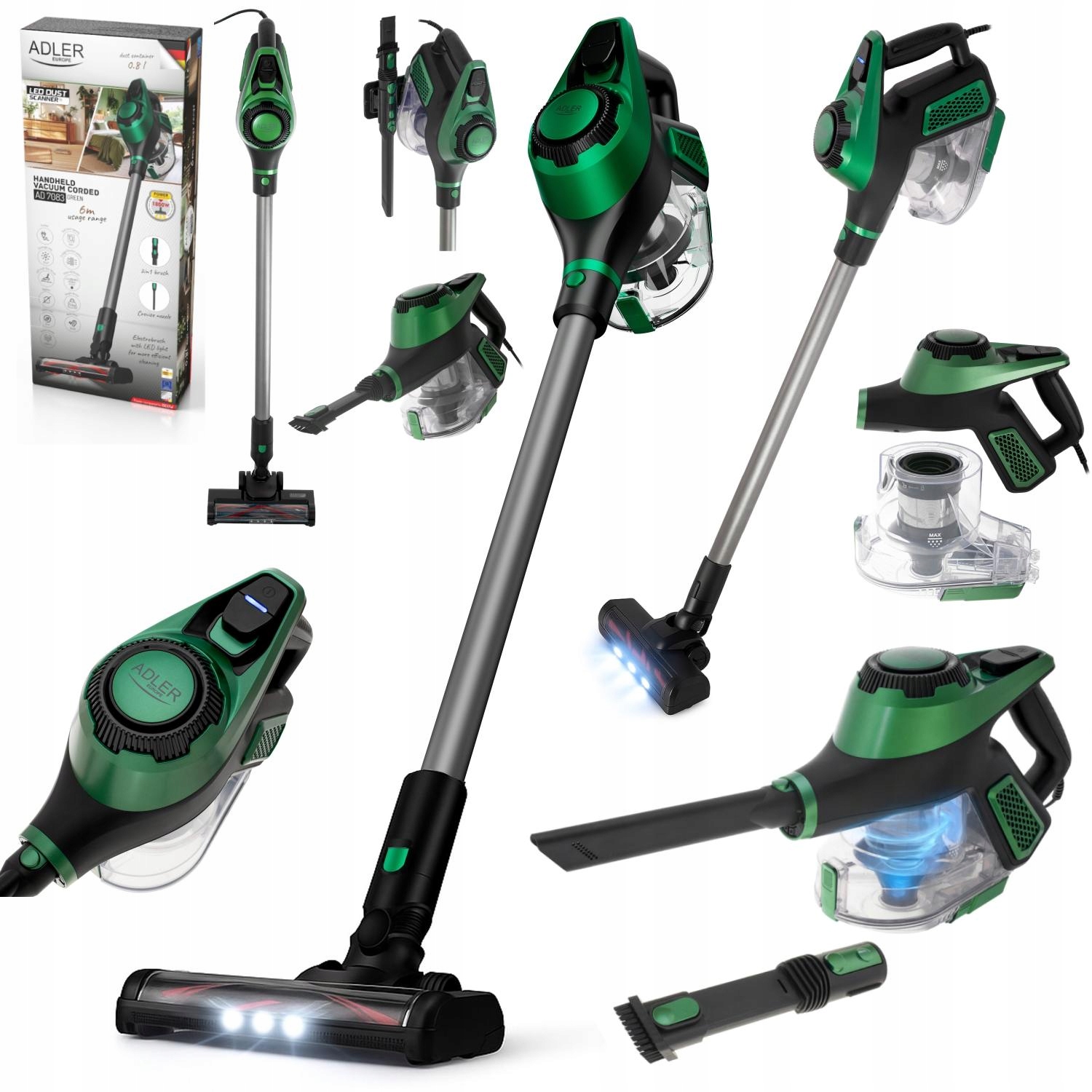 Tyčový vysávač bezvreckový Adler Green 700 W s Led turbokefou 3v1