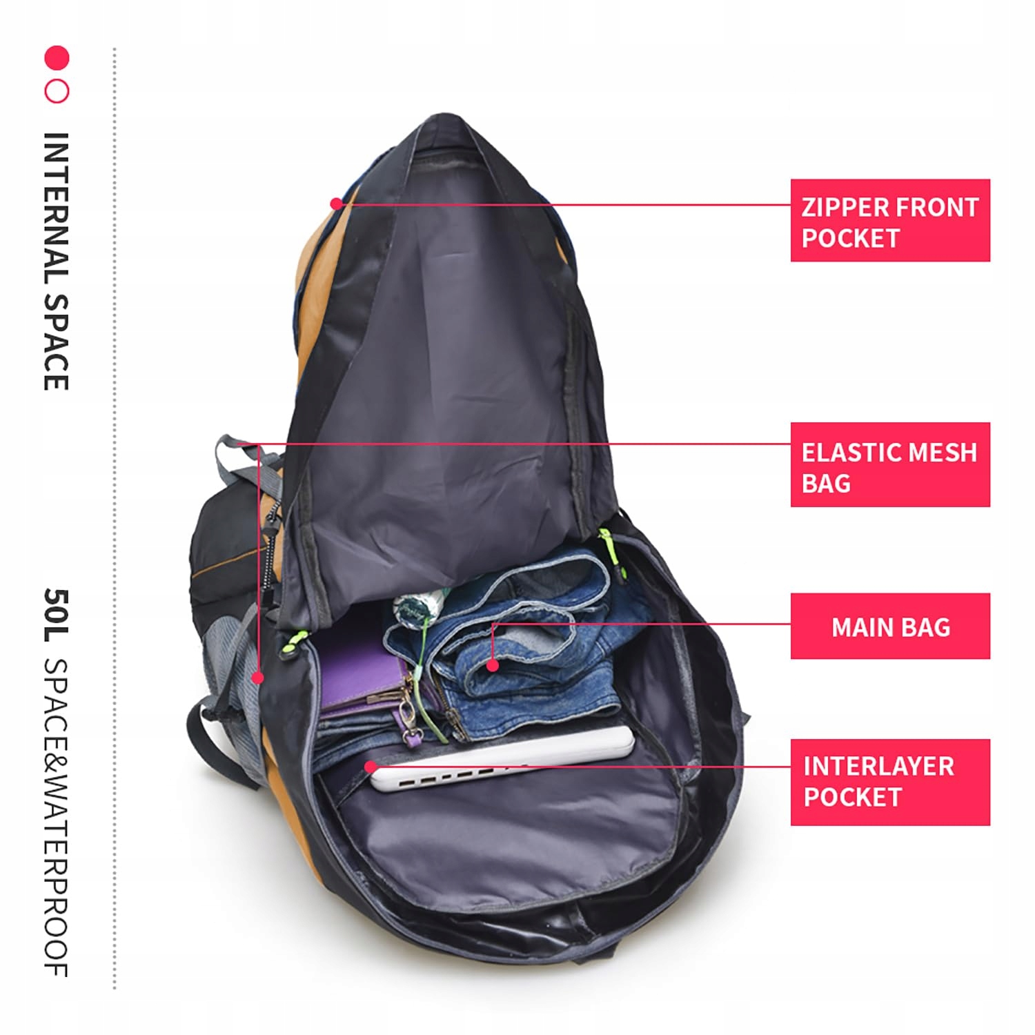 Bseash 50L Lekki Wodoodporny Plecak Turystyczny, Outdoor GOLD — miniatura 5