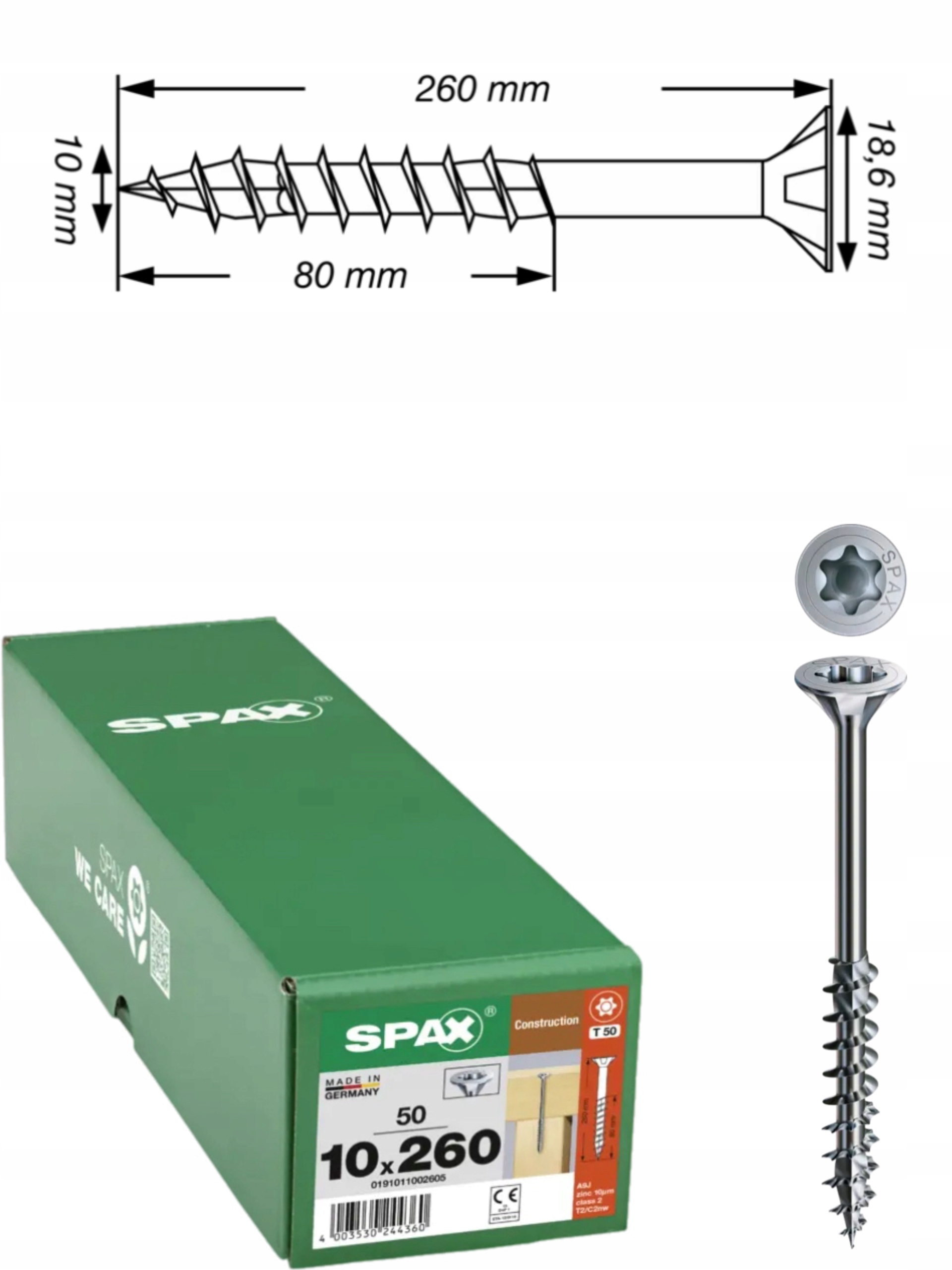 Univerzální vruty Wirox do dřeva, konstrukce Spax 10 x 260 mm 50 ks