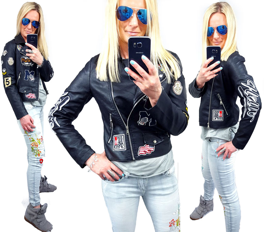 

Kurtka Skóra Ramoneska Moto Biker Haft Naszywki S
