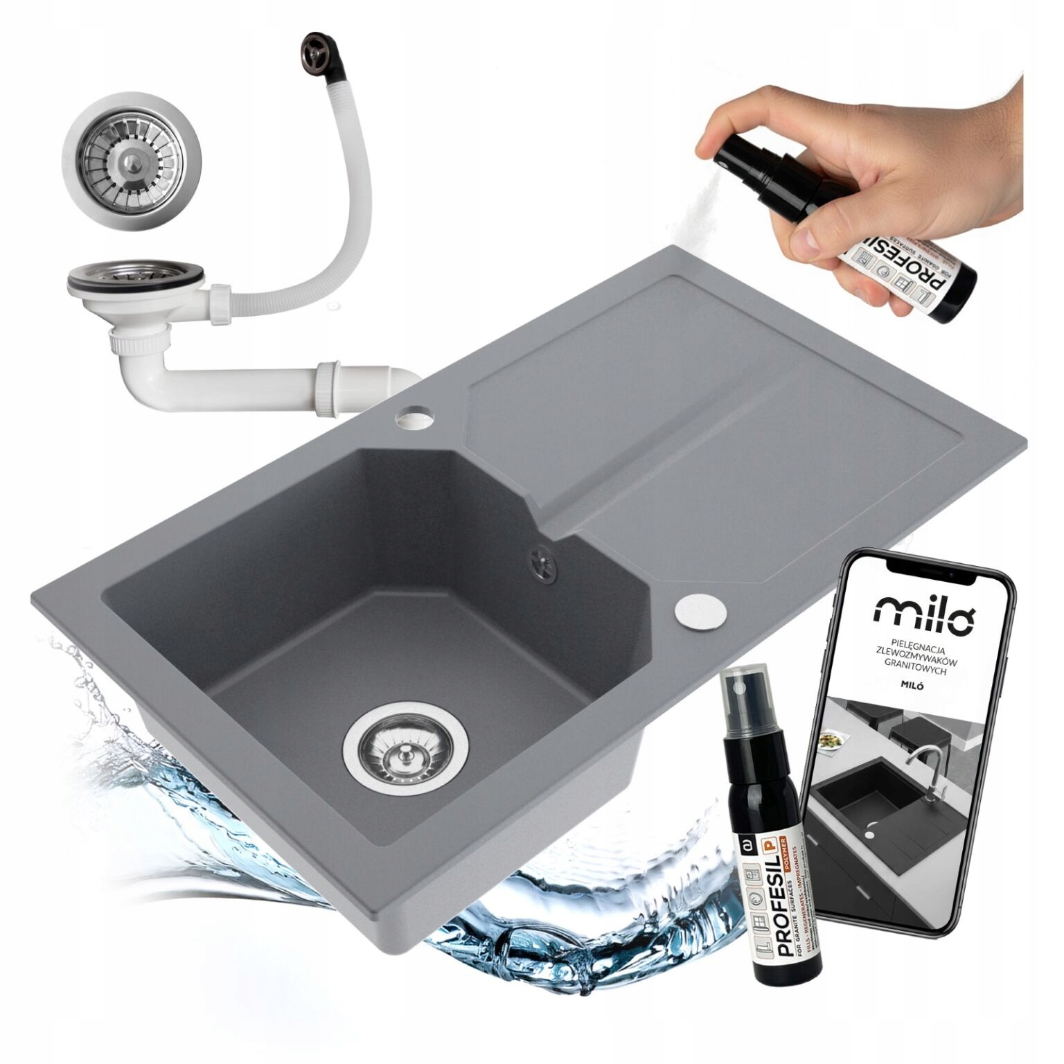 Granitový Jednokomorový Drez Miló Kenzo Set Sifón Dlhý Odkapávač