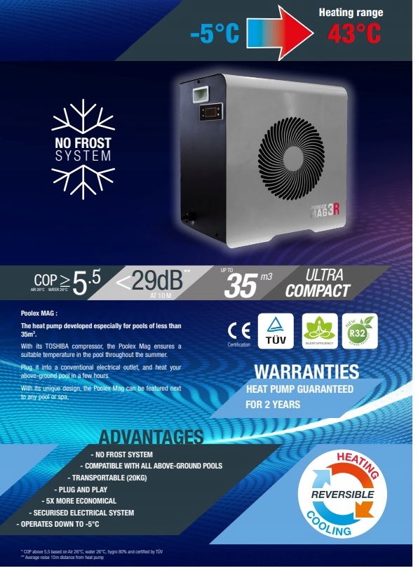 Pompa ciepła Poolex Mag4R WIFI NO FROST 4kW 28m3 do basenu jacuzzi Maksymalna moc grzewcza 4 kW