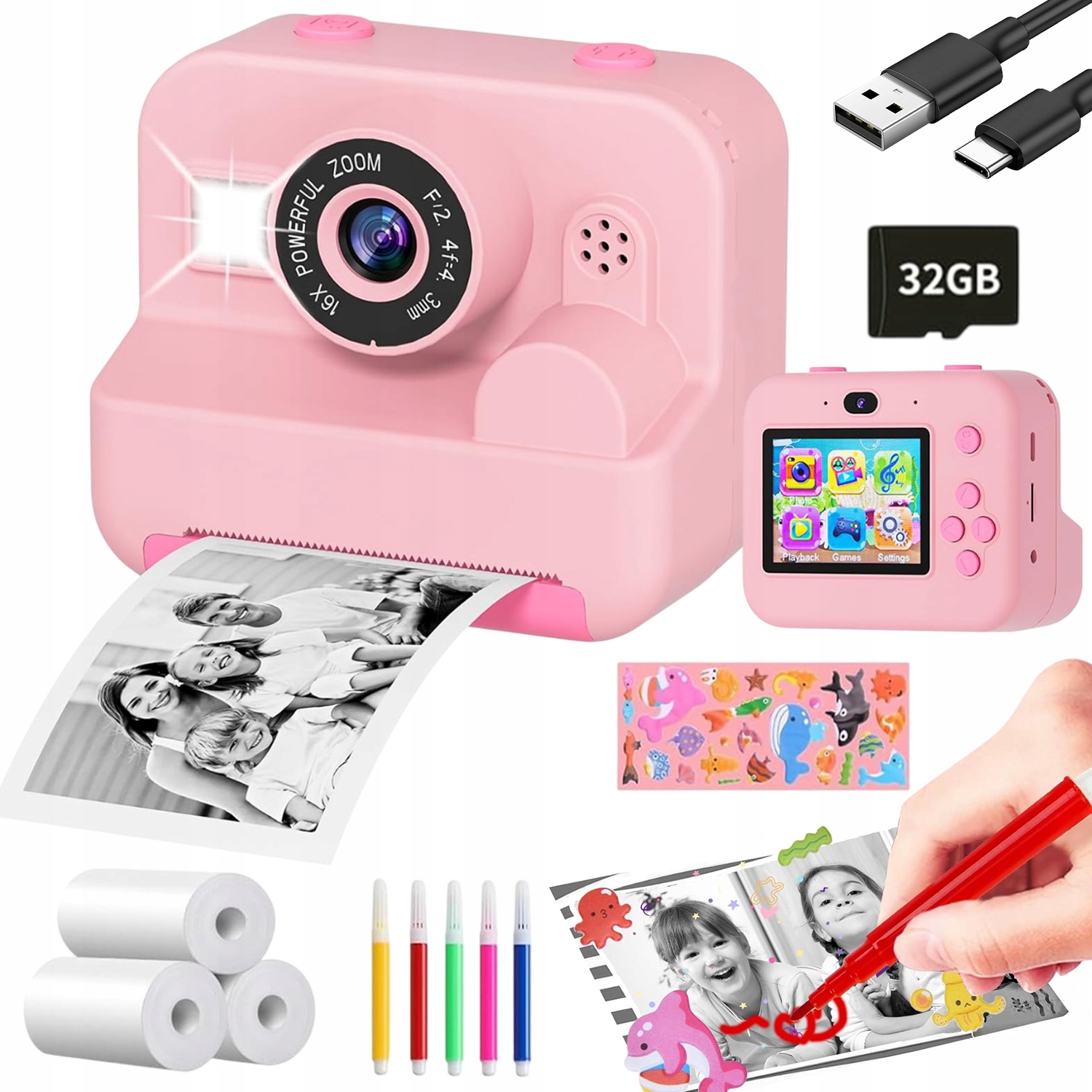 drukuś natychmiastowy aparat dla dzieci z kartą 32 Gb i 3 rolkami papieru