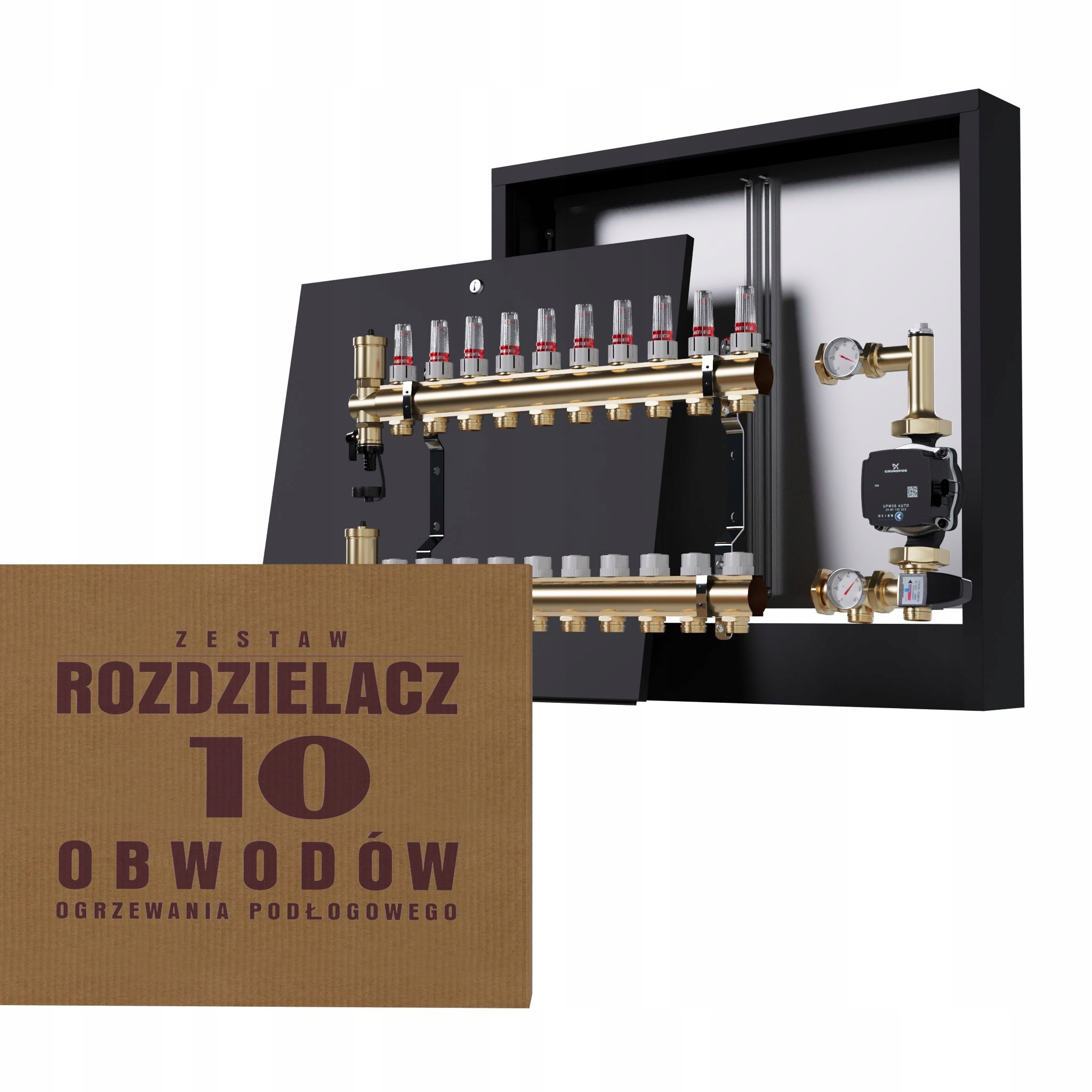 Rozdělovač pro podlahovou krytinu 10 okruhů a čerpadlo Grundfos nástěnná černá barva