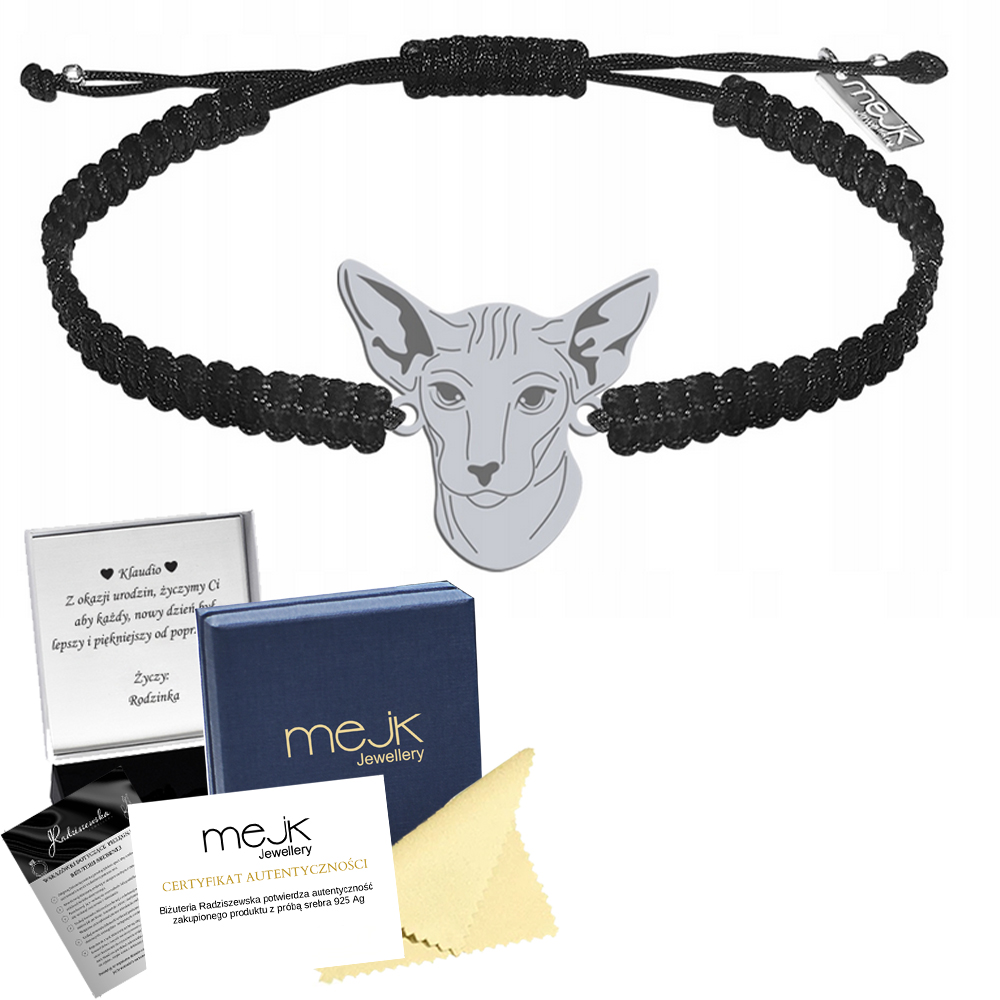 Stříbrný náramek s kočkou Peterbald 925 Makramé Šperky Gravírování Bonus