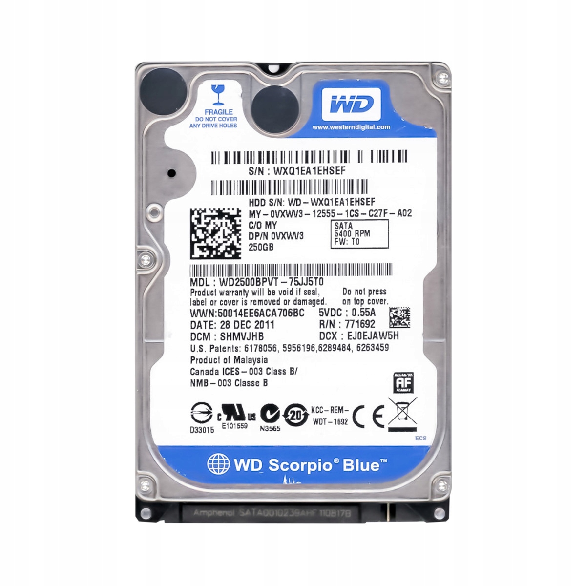 Wd Scorpio Blue 250GB 5.4k 8MB Sata II 2.5" WD2500BPVT 2,5" Hdd disk 250 Gb