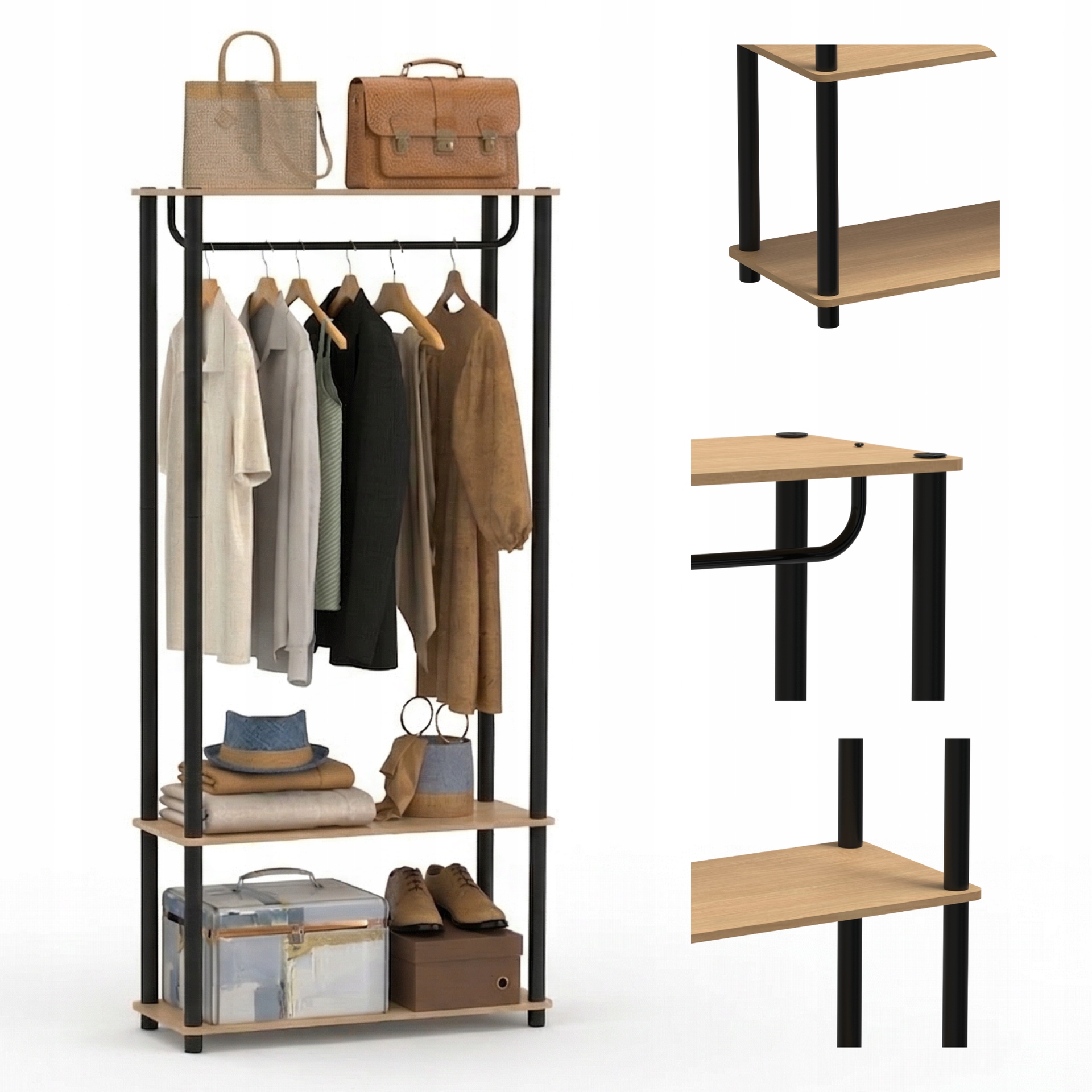 Modulární Otevřený Regál Do Předsíně A Šatny S Tyčí, 3 Úrovně, 165 CM