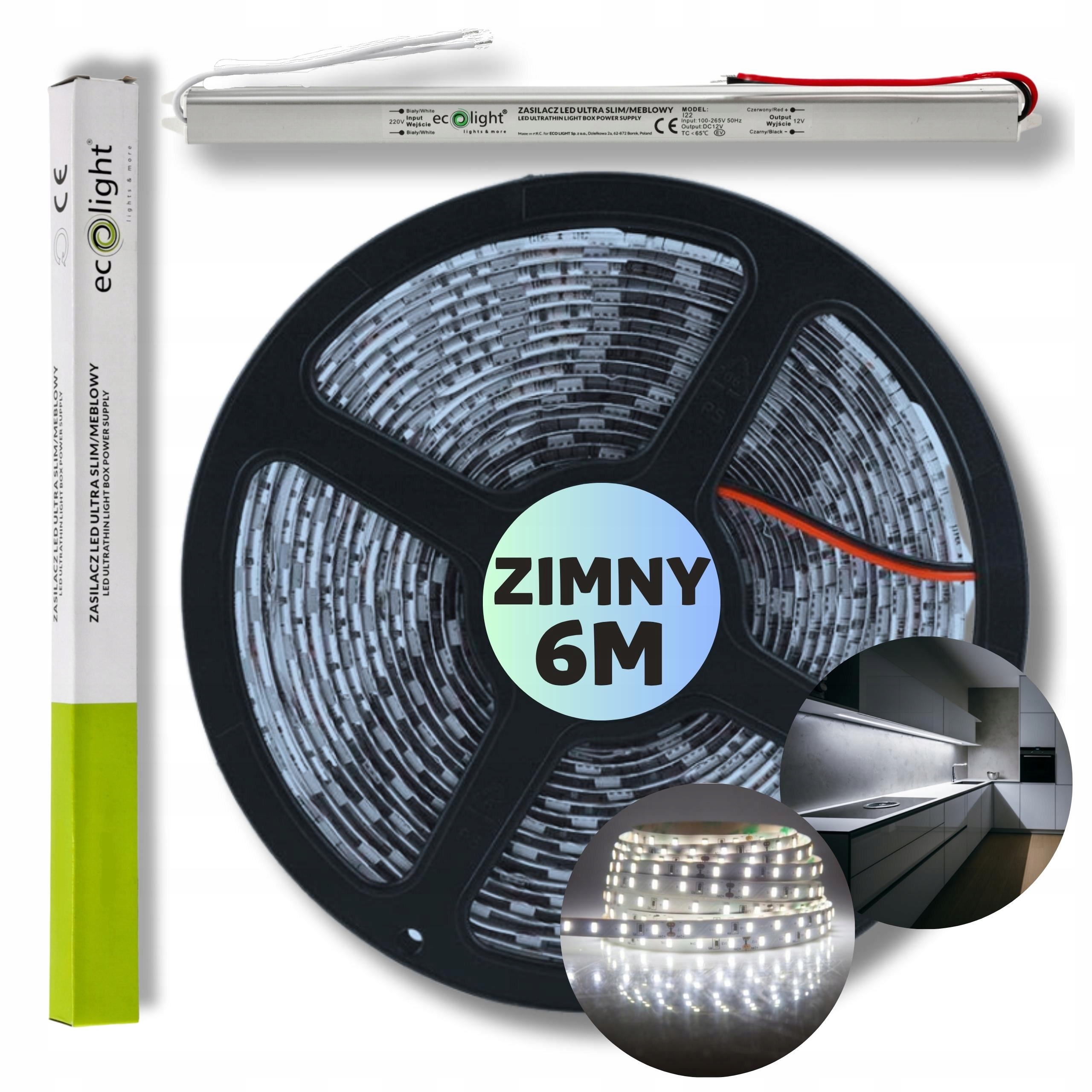 Zestaw 6m Taśma pasek listwa Led Smd biały zimny z zasilaczem 12V