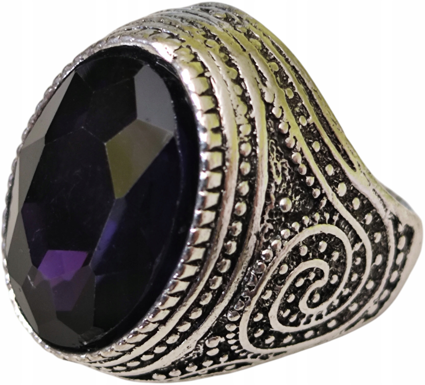 Stříbrný signet s velkým Alexandritem Černý Kámen Ocel Ušlechtilá Vintage