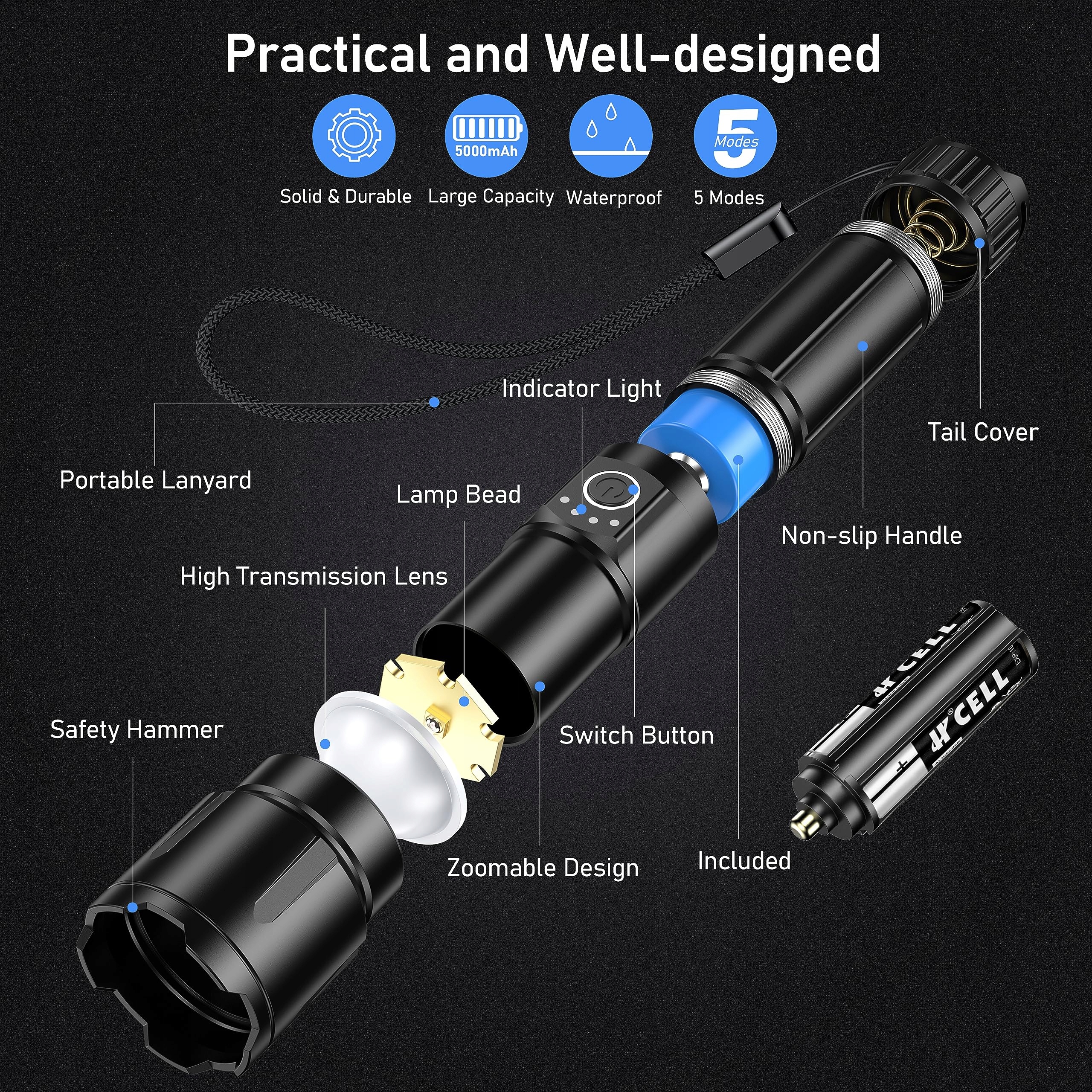 BLUKAR Latarka LED 20000 Lumen IP67 Wodoodporna 5 Trybów Zoom — miniatura 7