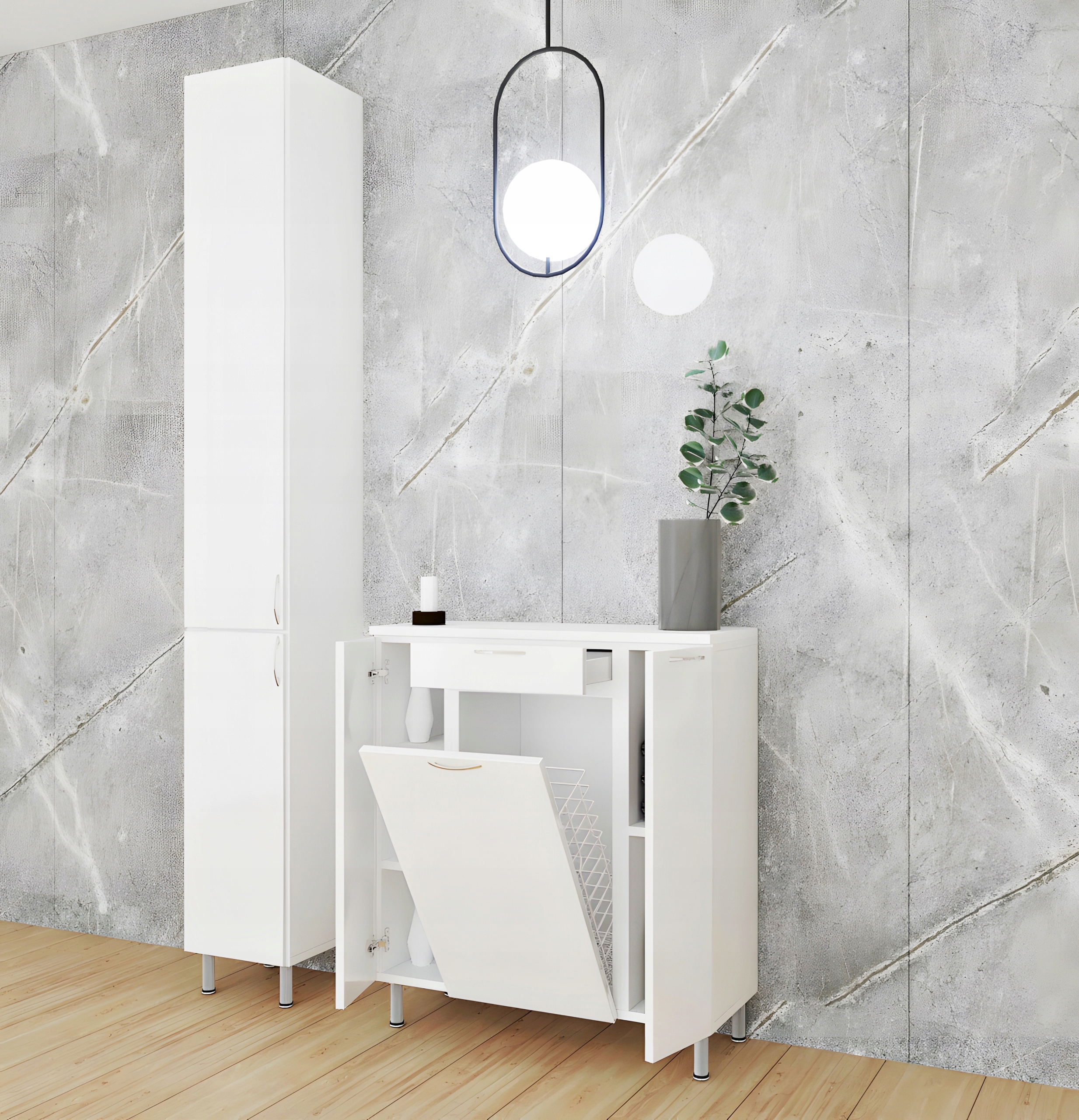 SZAFKA ŁAZIENKOWA STOJĄCA Z KOSZEM, ZŁOŻONA POŁYSK Głębokość mebla 30 cm