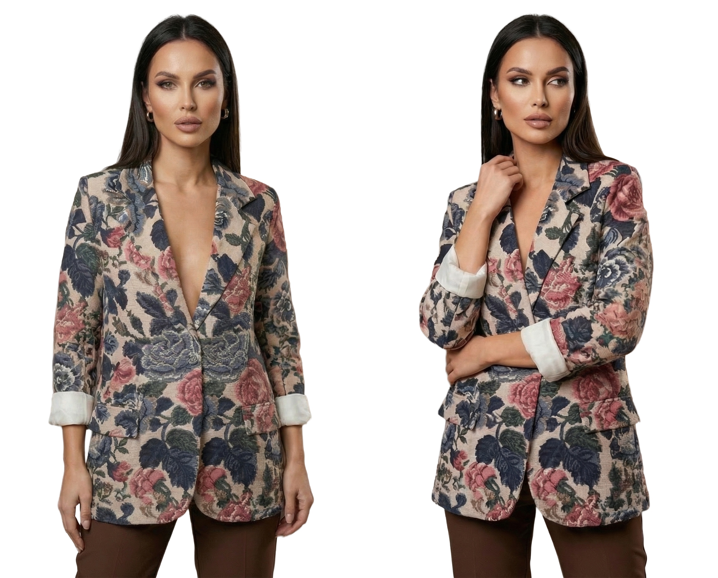 MARYNARKA DAMSKA ŻAKIET ELEGANCKA CASUAL STYLOWA LUŹNA W KWIATY UNI