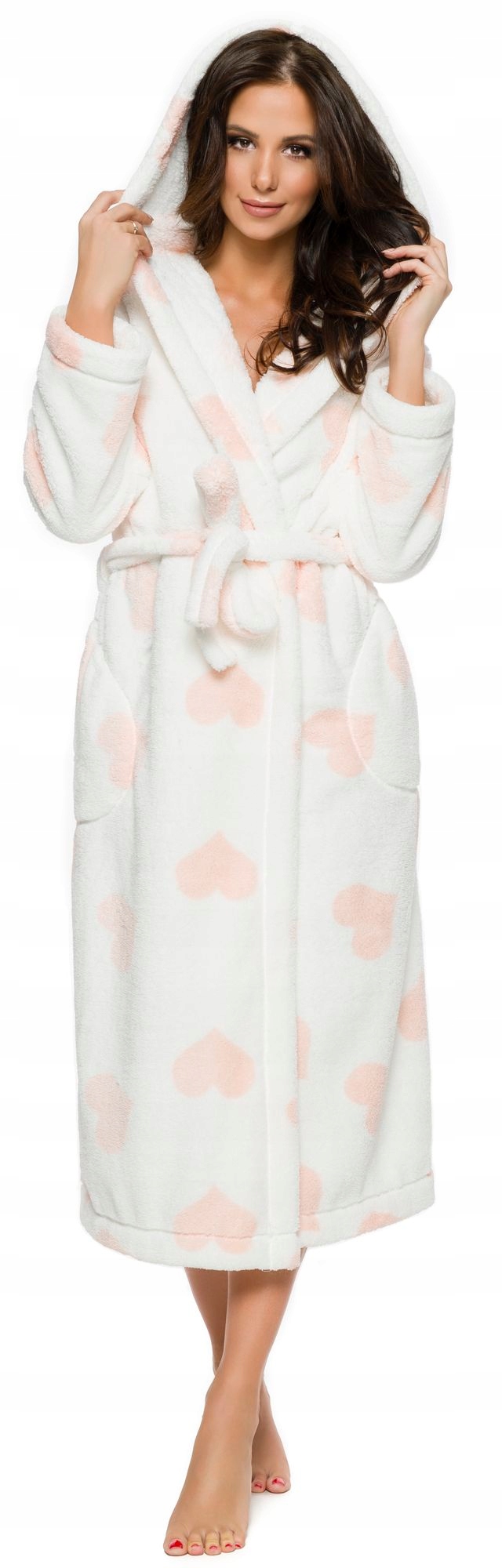 DŁUGI CIEPŁY PUCHOWY DAMSKI SZLAFROK PODOMKA L Kaptur z kapturem