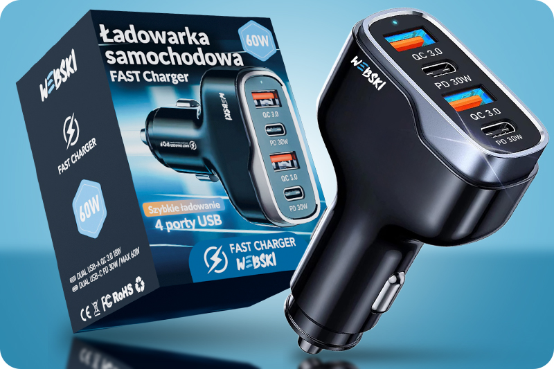 SAMOCHODOWA ŁADOWARKA USB QC PD 2x USB A, 2x C 60W KABEL NYLON COMBO 5W1 Stan opakowania oryginalne