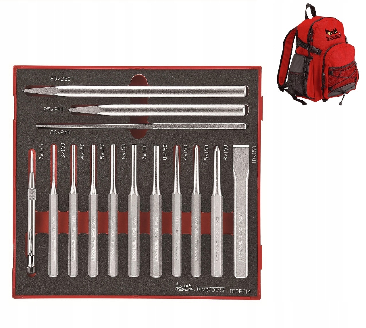 TENGTOOLS TEDPC14 ZESTAW WYBIJAKÓW I PRZECINAKÓW 14PC 238340103 + PLECAK