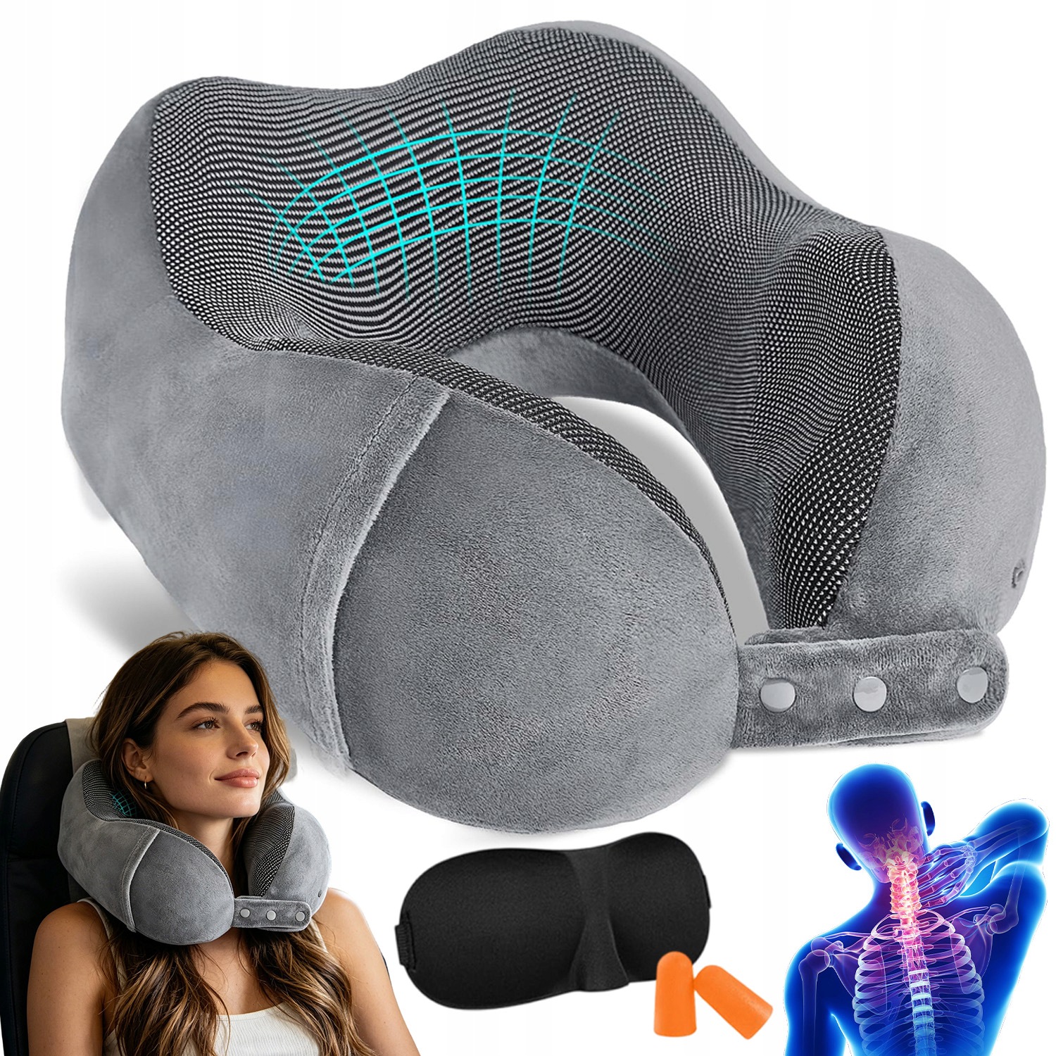 Zestaw Podróżny Poduszka Karku Memory Foam Maska Oczy Zatyczki Etui