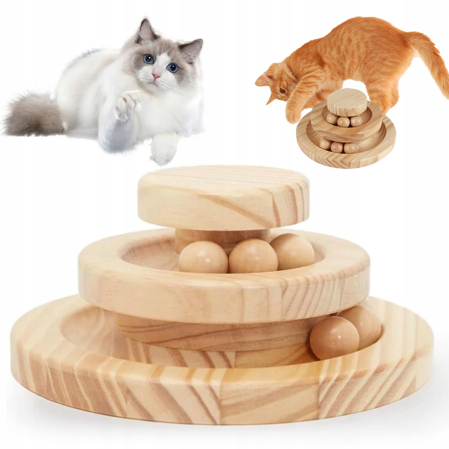 Levně Dřevěná Hračka Pro Kočky S Dvouúrovňovým Otáčením A Kuličkami Na Hraní