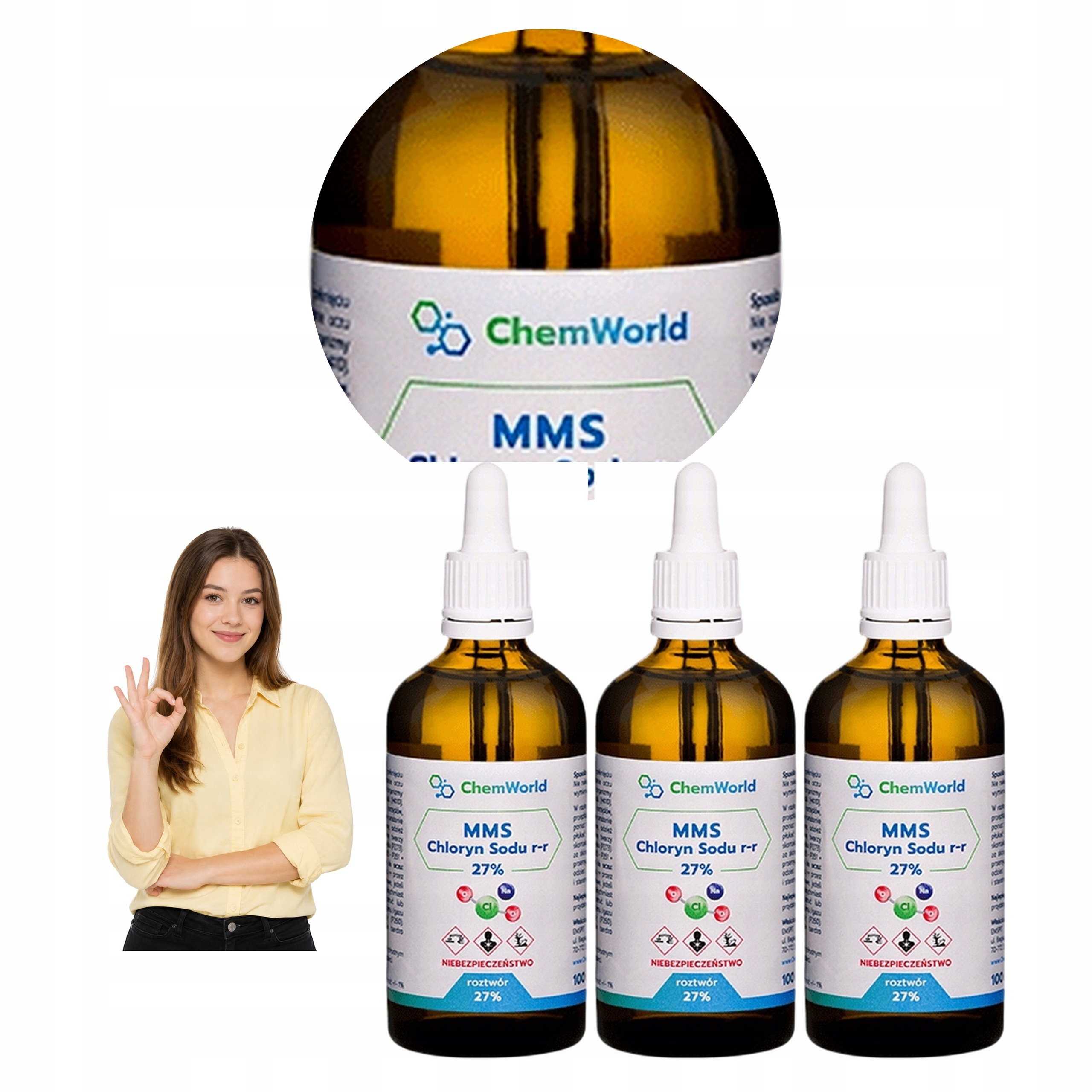 3x Chemworld Mms Chloryn Sodu NACLO2 Roztwór 27% Odczynnik Chemiczny 100 ml