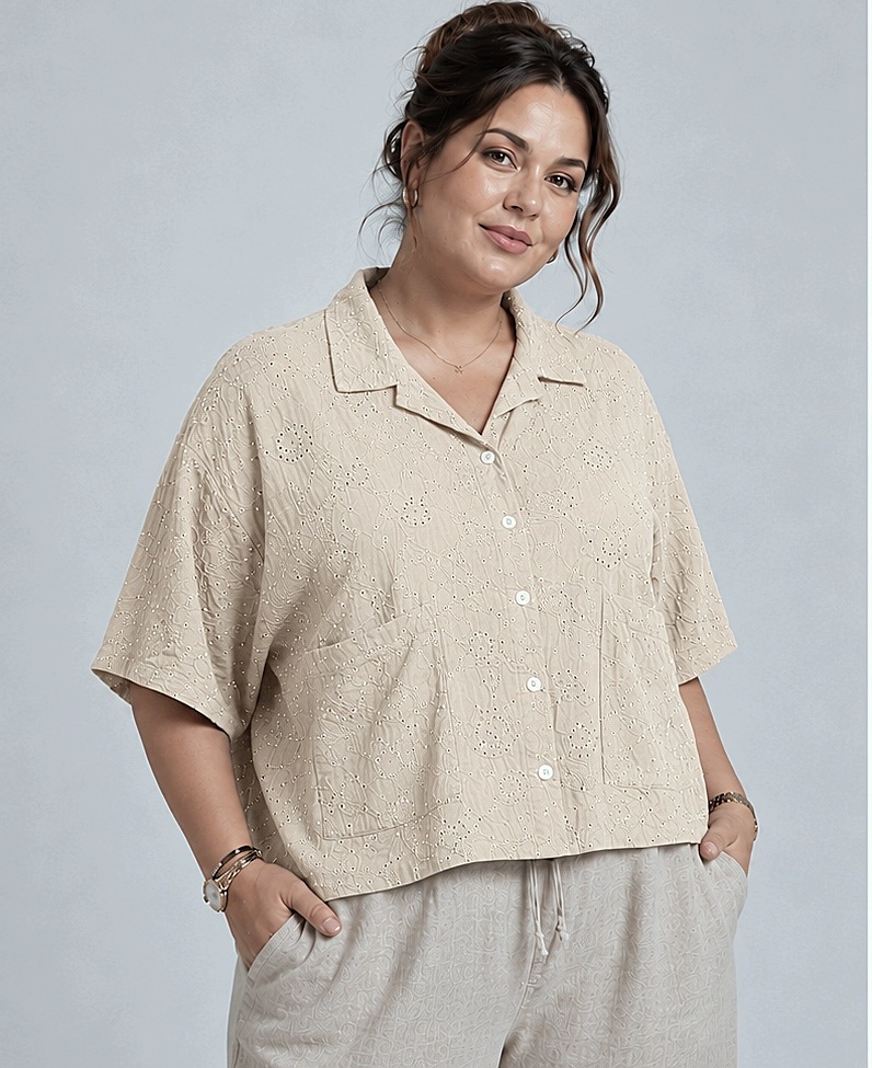 dámská lněná italská košile 100% Len Lamya ecru výšivka flitry oversize