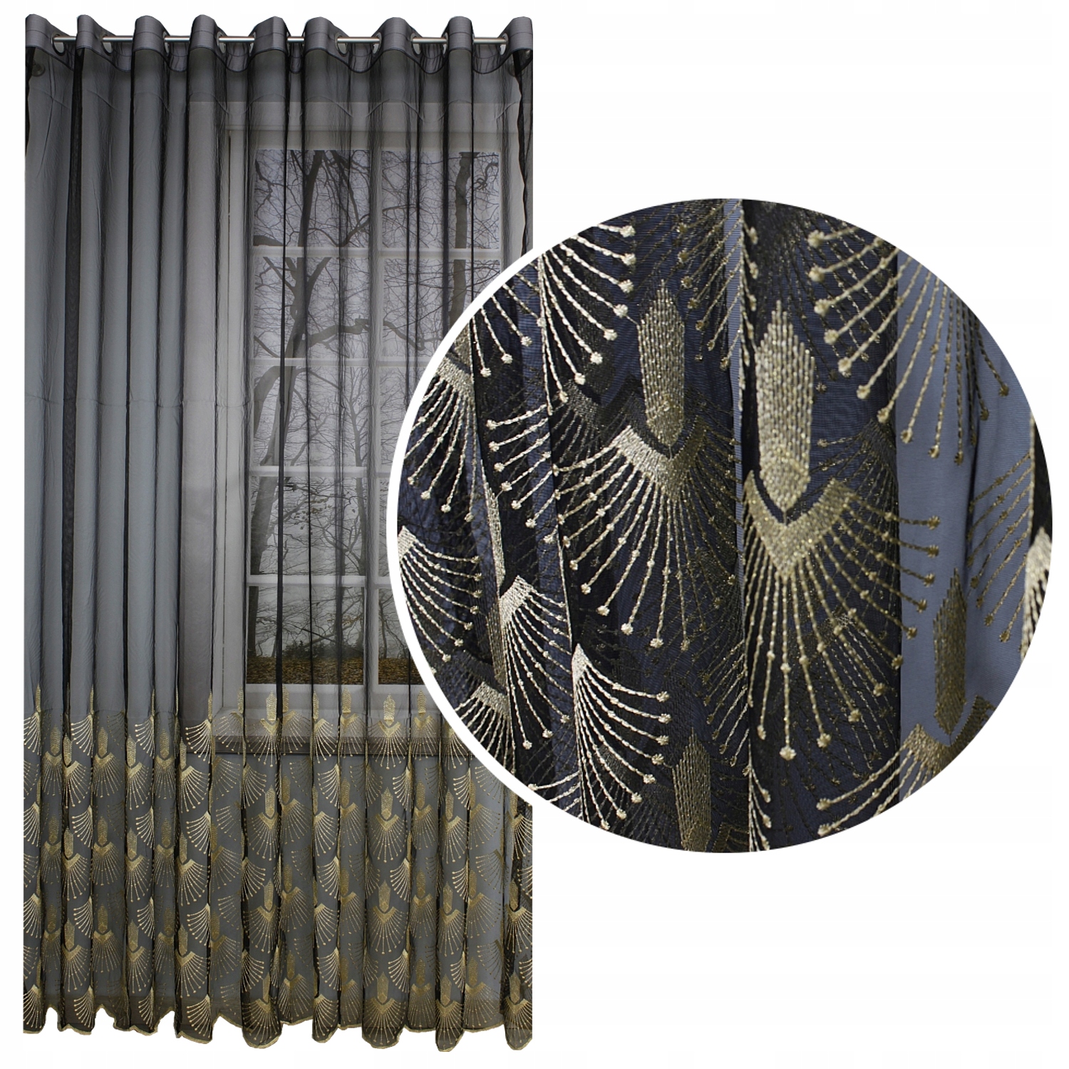 Záclona Čierna Markizet zlaté výšivky Wachl 300x250