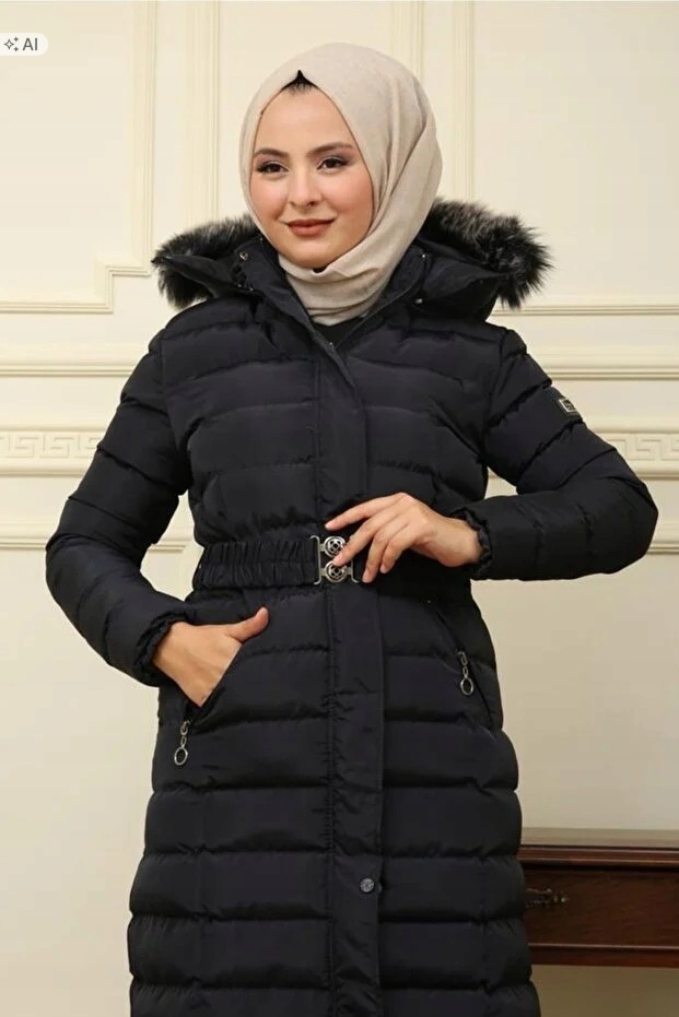 Dlouhá Prošívaná Bunda S Kapucí A Kožešinou Elegantní 46 5IA