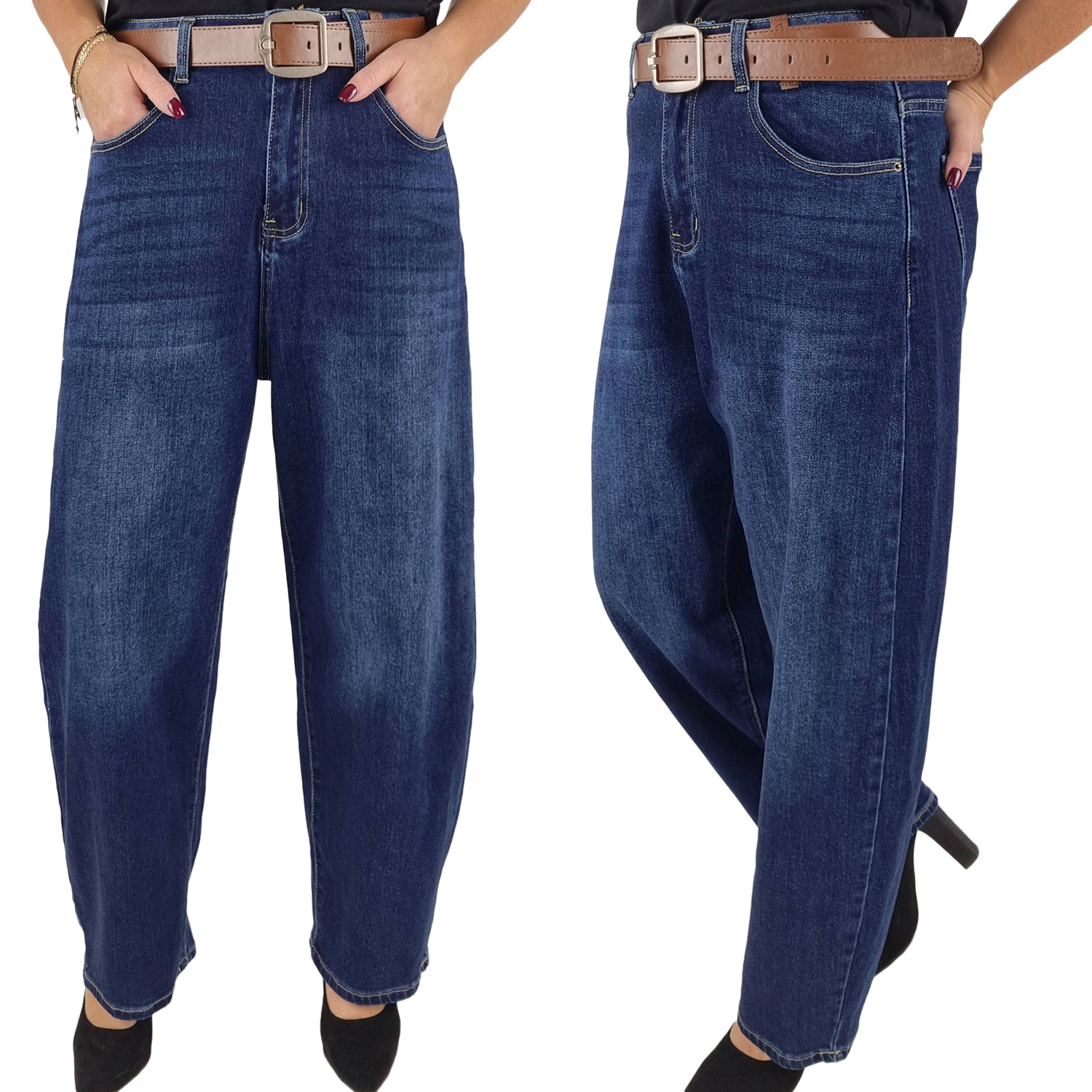 M.sara Džínové Kalhoty Balloon Fit Tmavě modré, velké, velikost 40/L