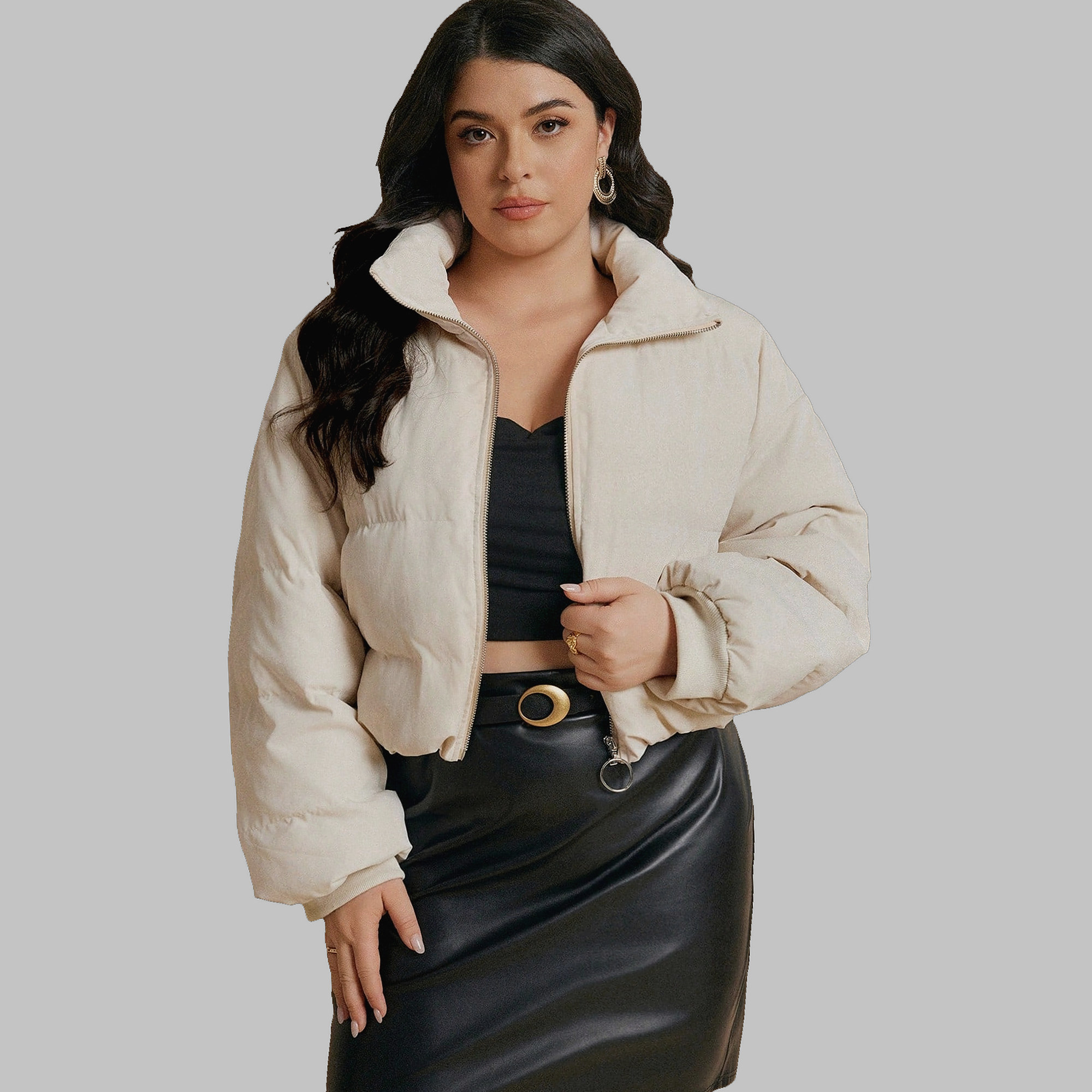 Péřová Bunda Vatovaná Se Stojáčkem Béžová Casual Shein XXL 44
