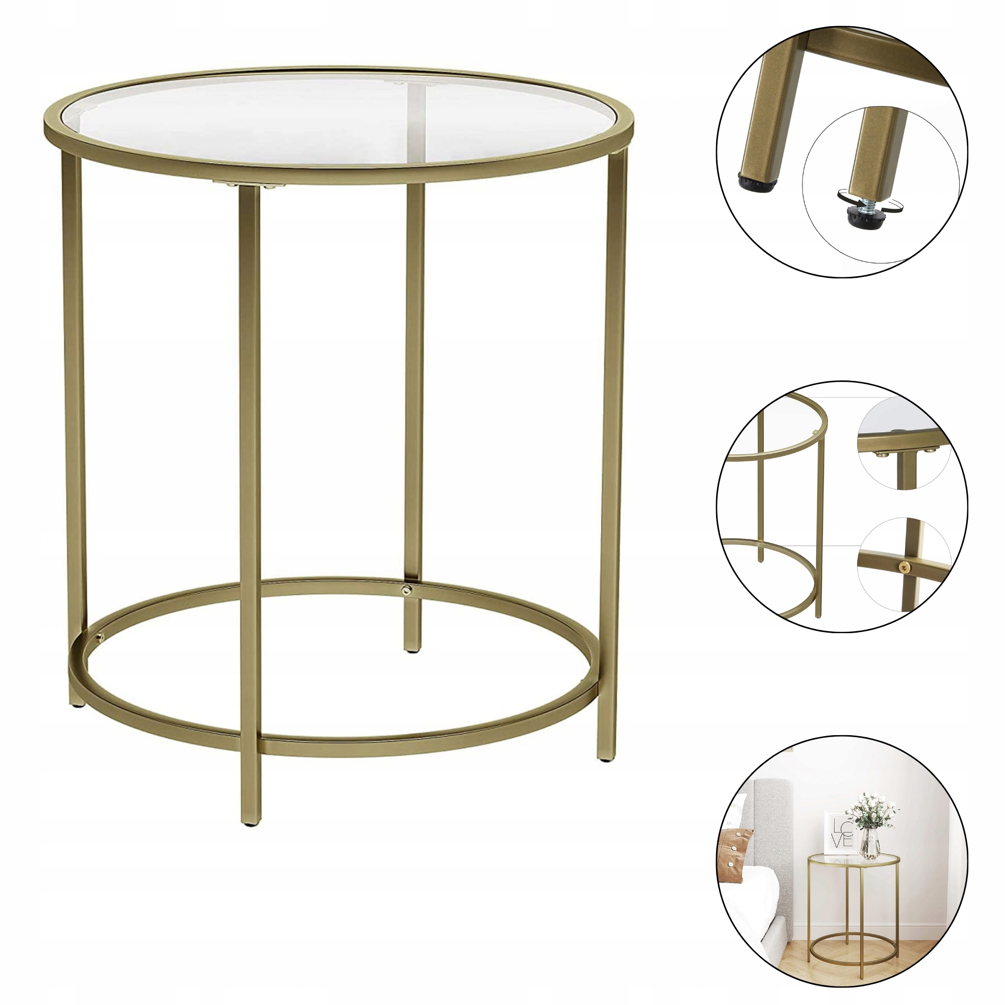 Kulatý pomocný konferenční stolek, tvrzené sklo, kovový rám, zlatý