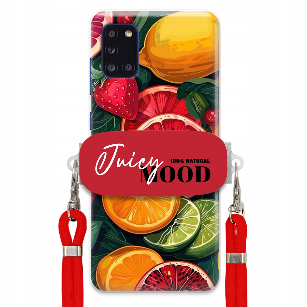 Pouzdro pro Samsung A31 Červené vodítko Crossbody+ Držák Módní Juice Mood Ovoce