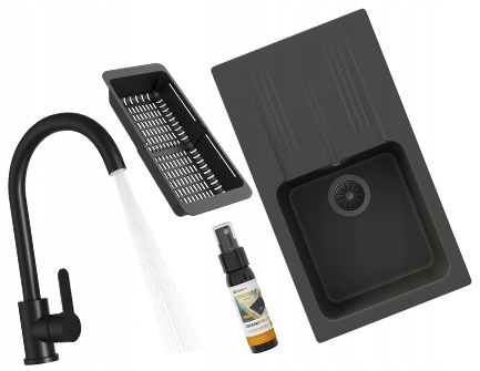 Dřez Černý Ada Jednokomorový Dřez Baterie Sifon Košík