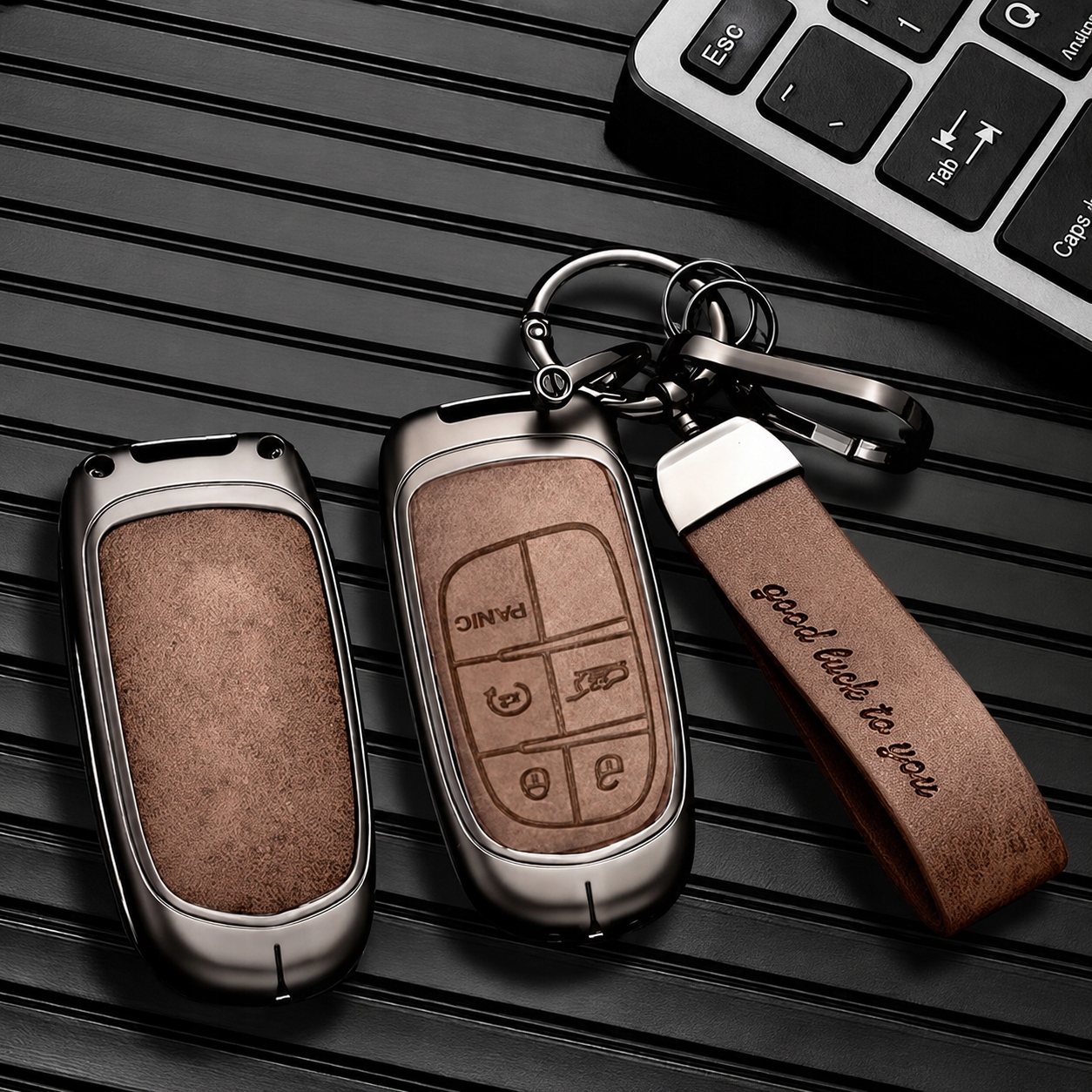 Etui metalowe skóra brąz obudowa na kluczyk do Dodge Chrysler Ram Jeep