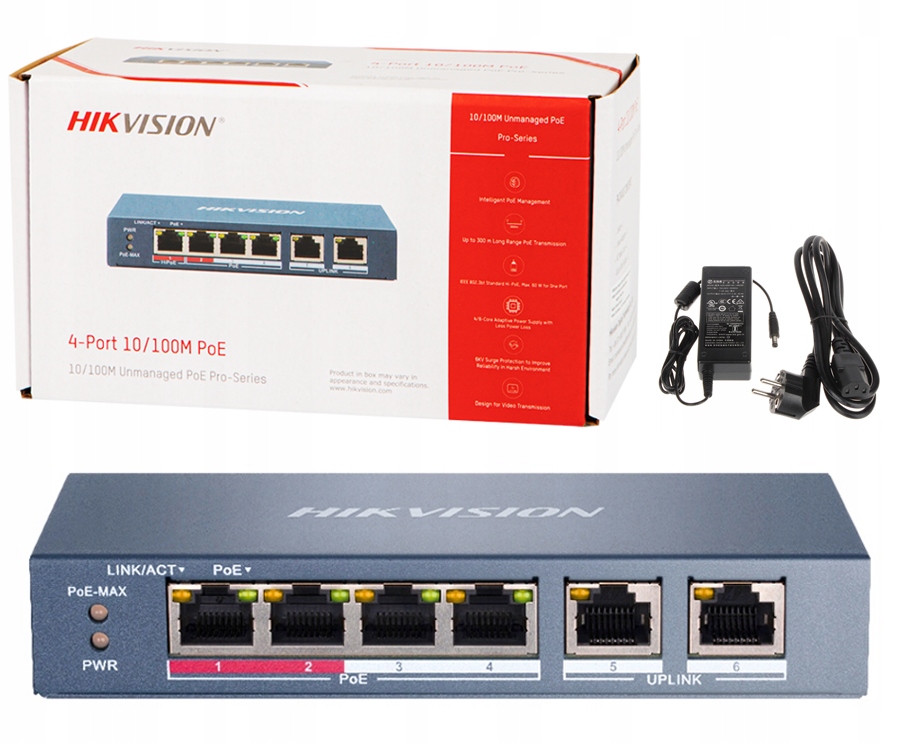 

Switch PoE 6-PORTOWY 4x PoE Do Kamer Ip Hikvision