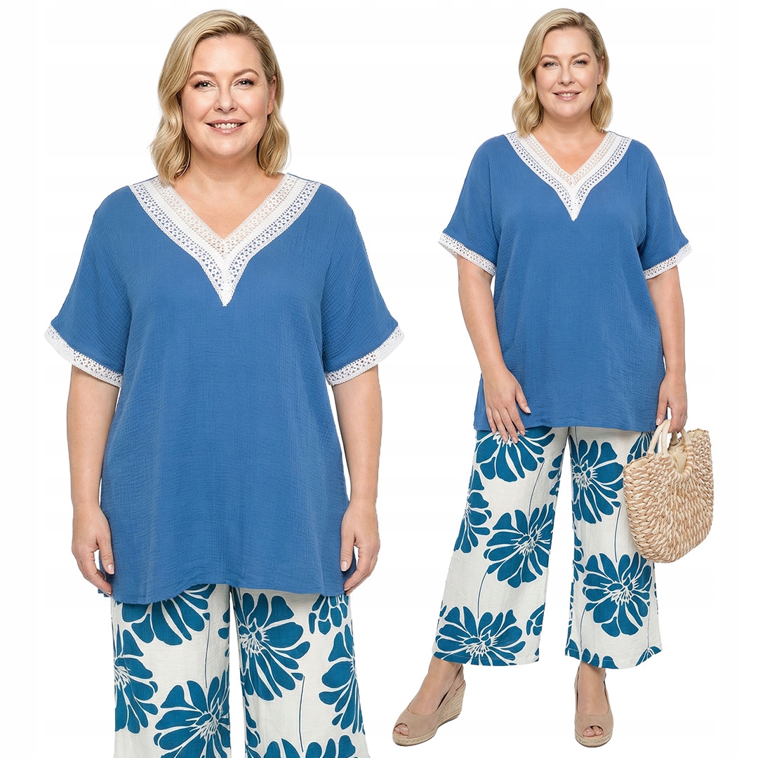 Modrý komplet kalhot s modrými květy plus size velikost 58/60