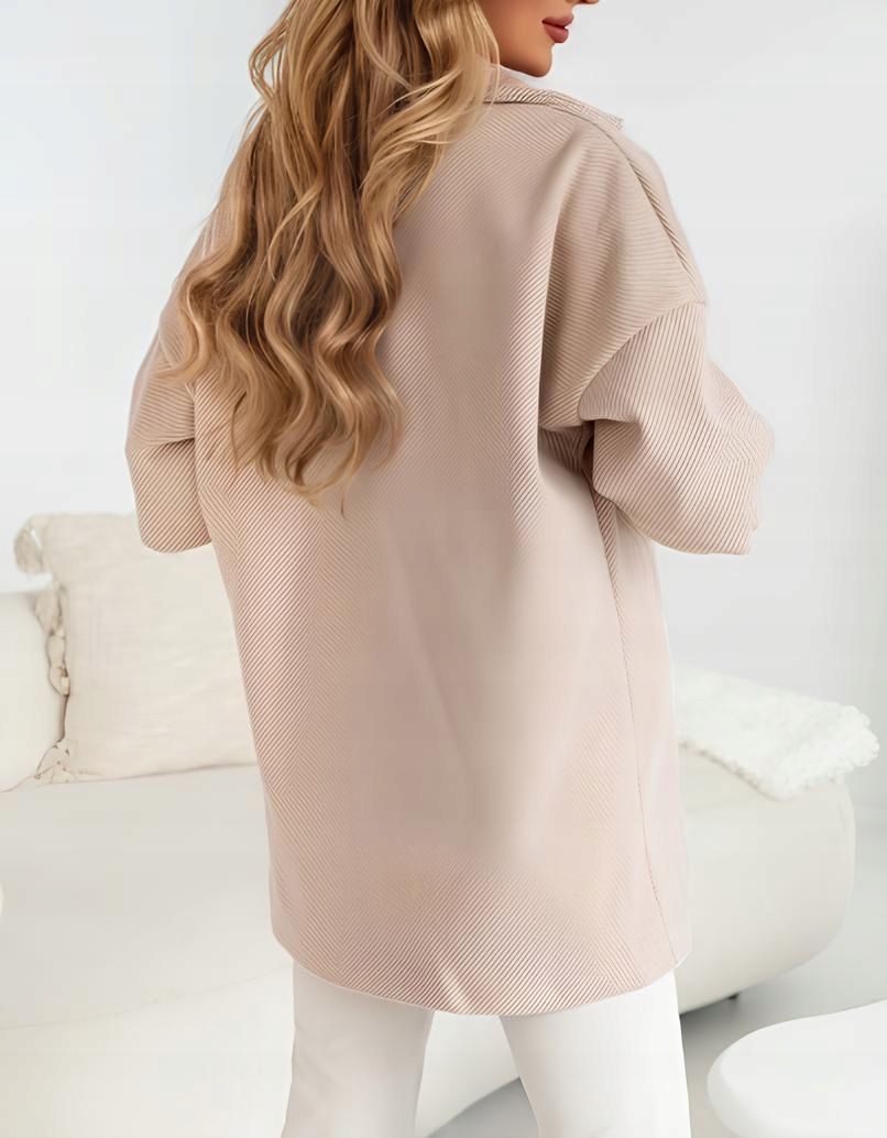 PŁASZCZ DAMSKI JESIENNY PRĄŻKOWANY ZE ŚCIĄGACZEM GRZYBEK PŁASZCZYK BEŻOWY Kolekcja JESIEŃ 2024