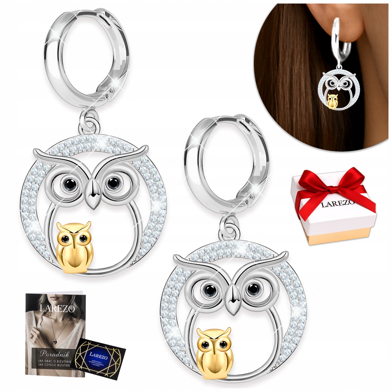 Stříbrné Náušnice se sovou Závěsné ptáci Sovy Kolečka se zirkony Stříbro 925
