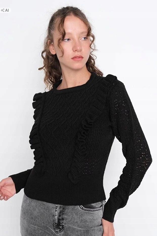 Černý Pletený Svetr S Volánky V Elegantním Stylu, Univerzální, 5IA