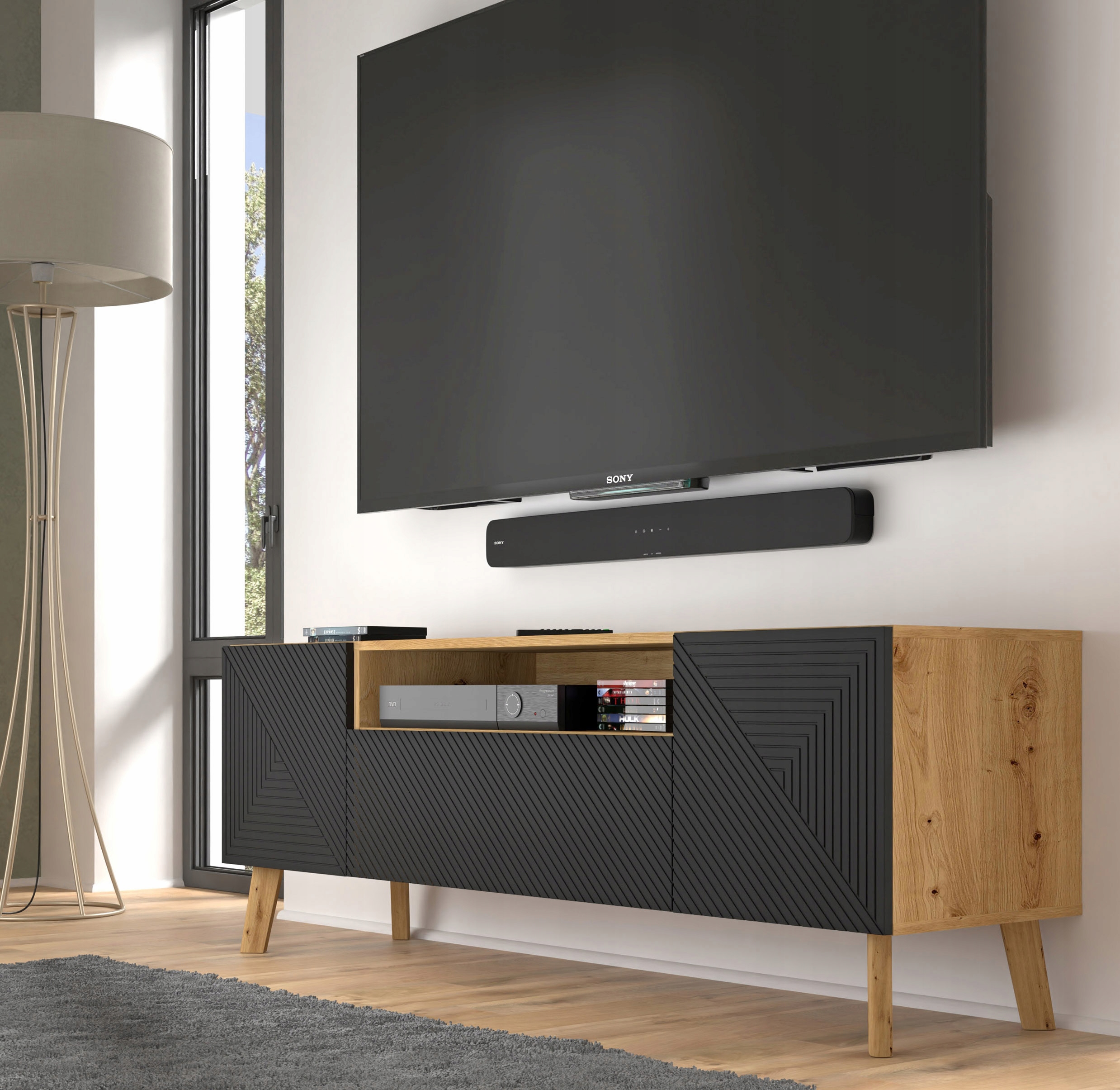 Szafka RTV LUXI 160 cm dąb artisan / czarny mat