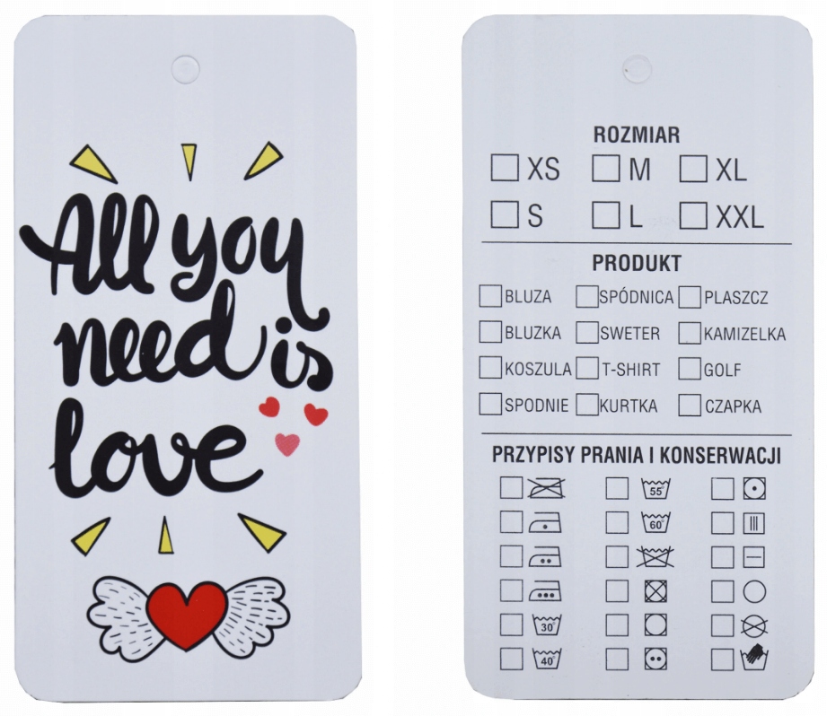 ETYKIETY KARTONOWE METKI ODZIEŻOWE PRANIE KOLORY50 Marka MONTIP