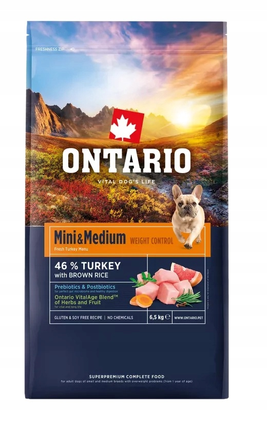 Levně Ontario 6,5 kg Dospělý Mini Střední Krůta, Kontrola Krůta