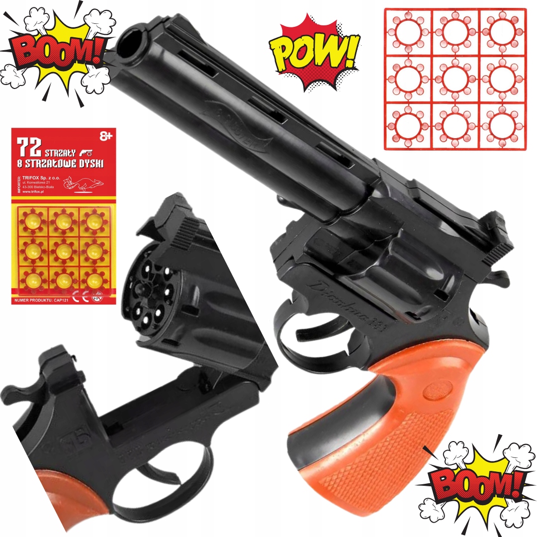 PISTOLET REWOLWER NA KAPISZONY HUKOWY SPŁONKA + NABOJE SPŁONKA 72 STRZAŁY Kolor czerwony