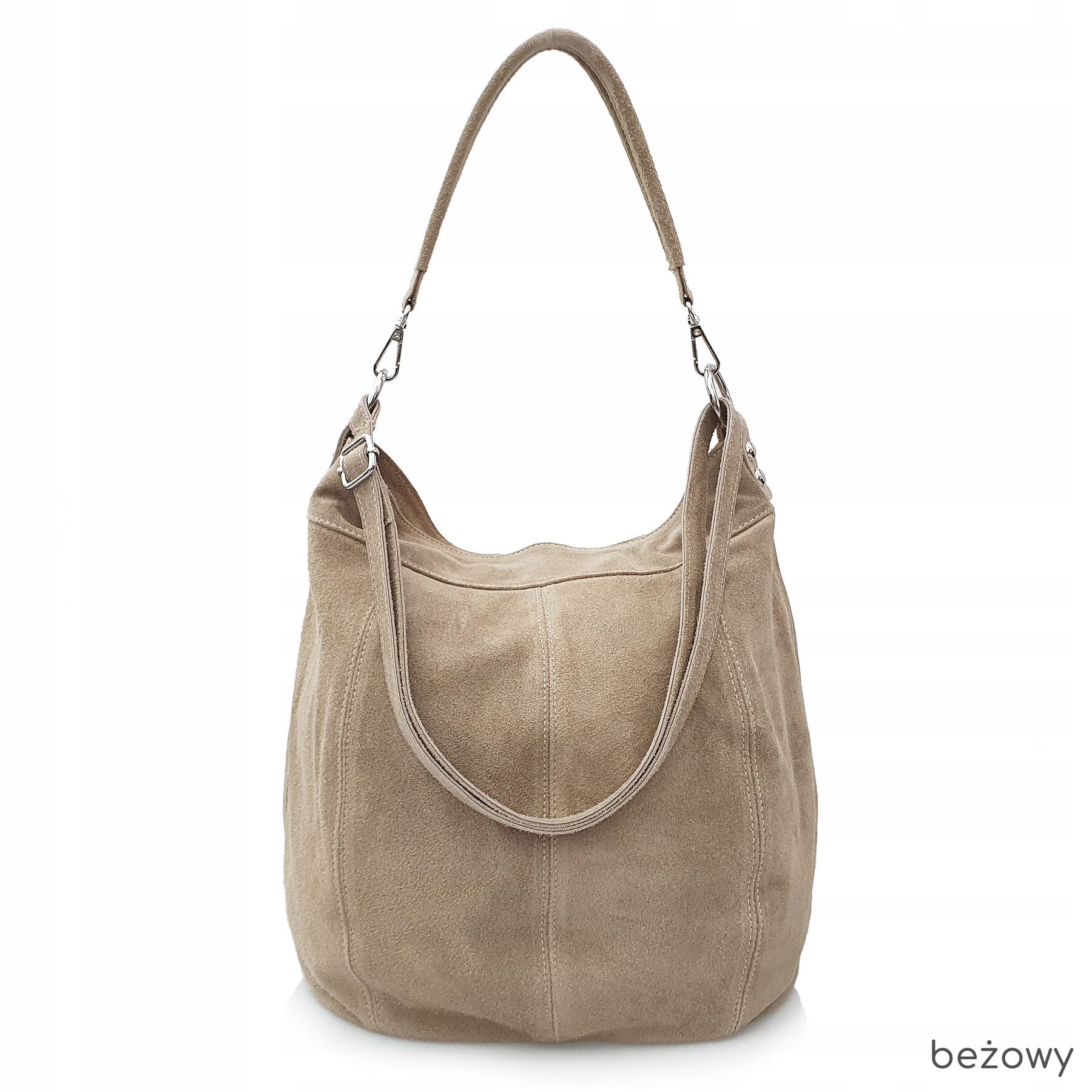 TOREBKA zamszowa damska worek z paskiem BEŻOWA Kolor okuć srebrny