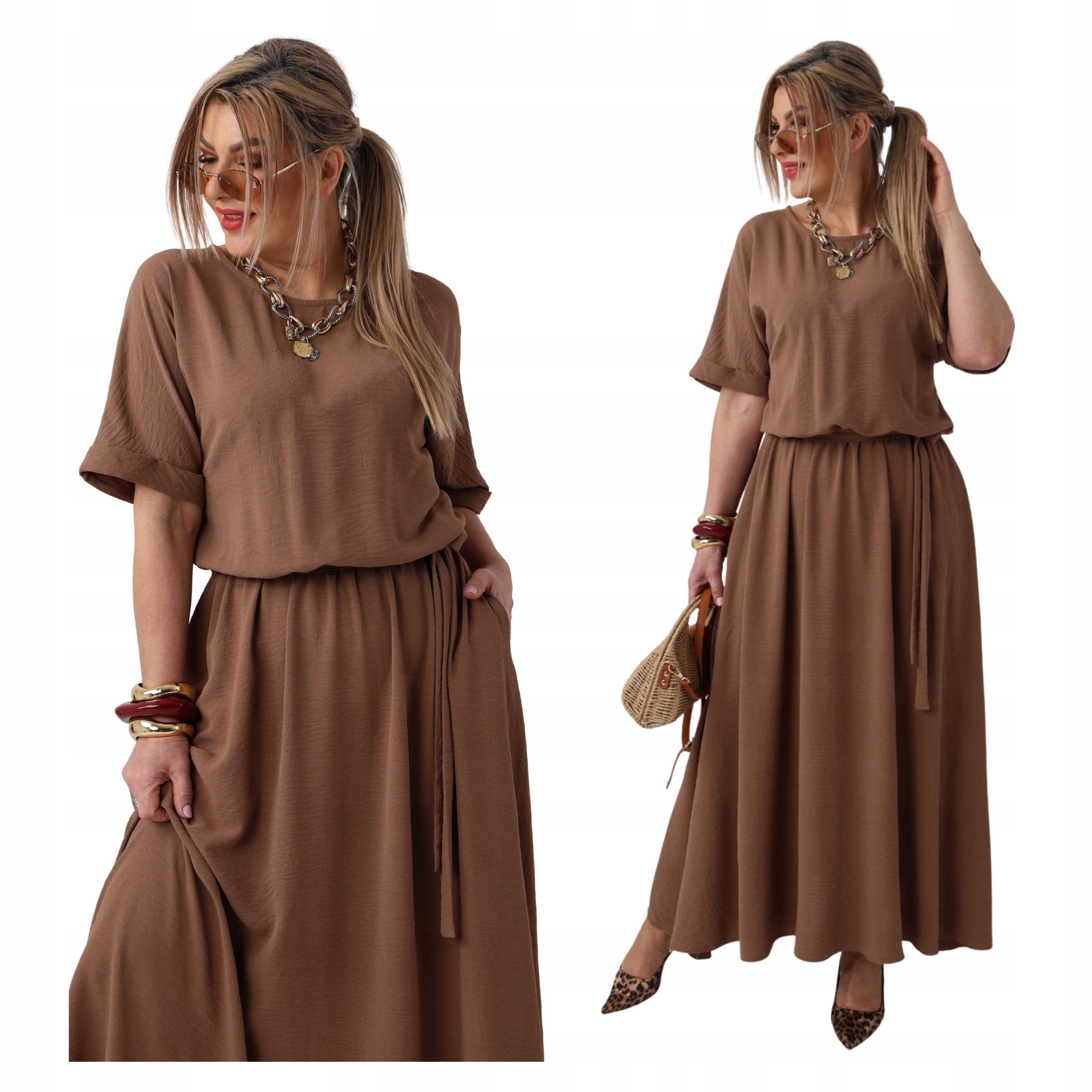 Długa Sukienka Maxi Z Kieszeniami Z Paskiem Wiązana Letnia Wizytowa Zwiewna