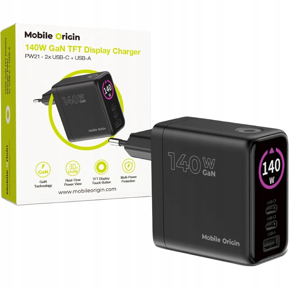 Síťová nabíječka 140W displej, GaN Pd Usb-c Usb-a, Mobile Origin, Pps