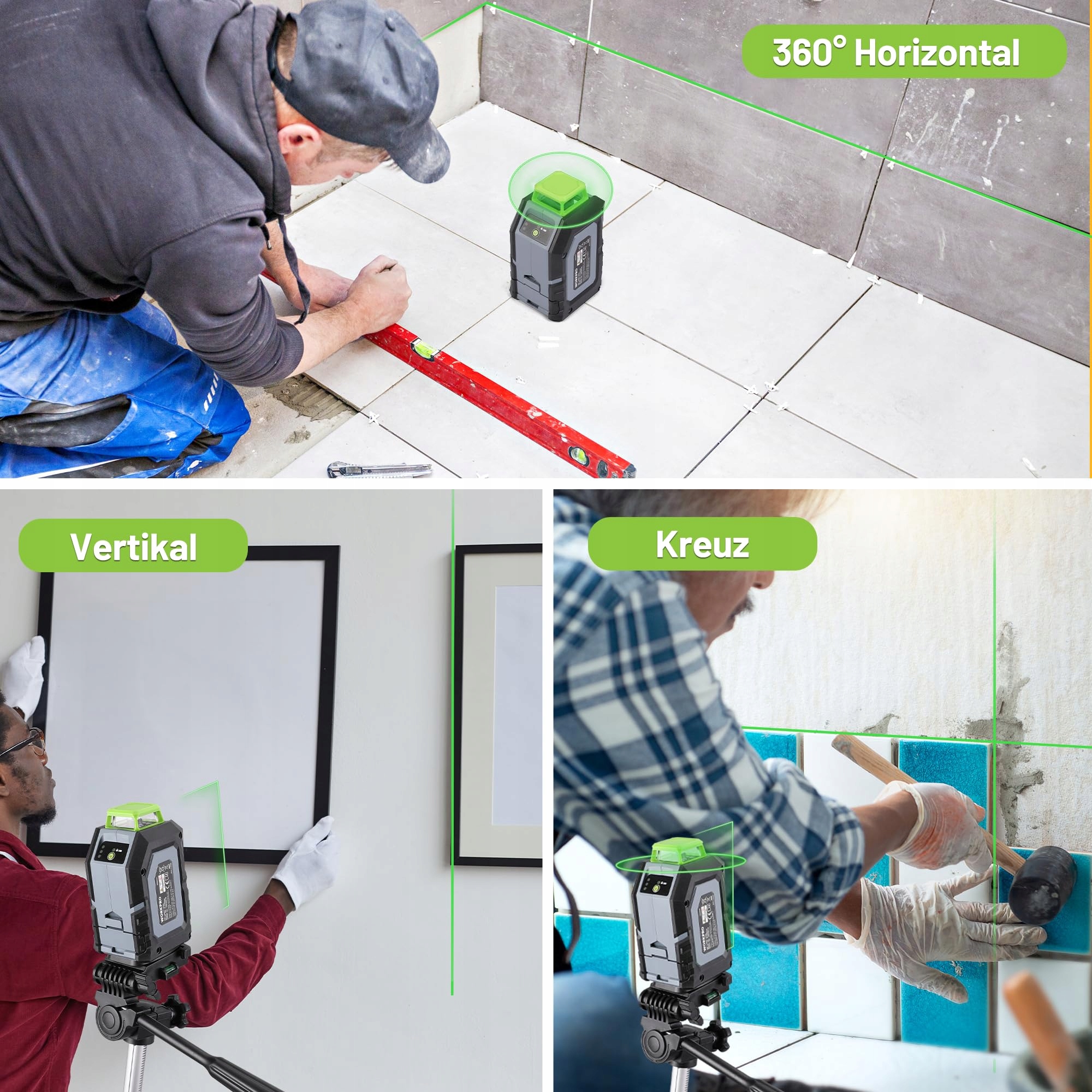 WORKPRO Laser Dalmierz 360 Zielony Krzyżowy 30m Poziomica — miniatura 8